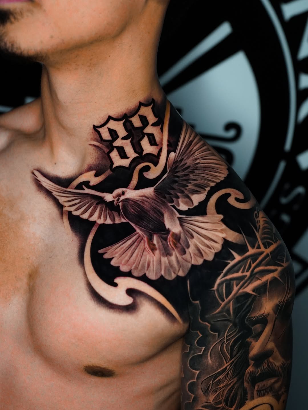 Dove and Jesus Christ realism tattoo on the chest by Salvador Saenz Jr, Dallas, Texas