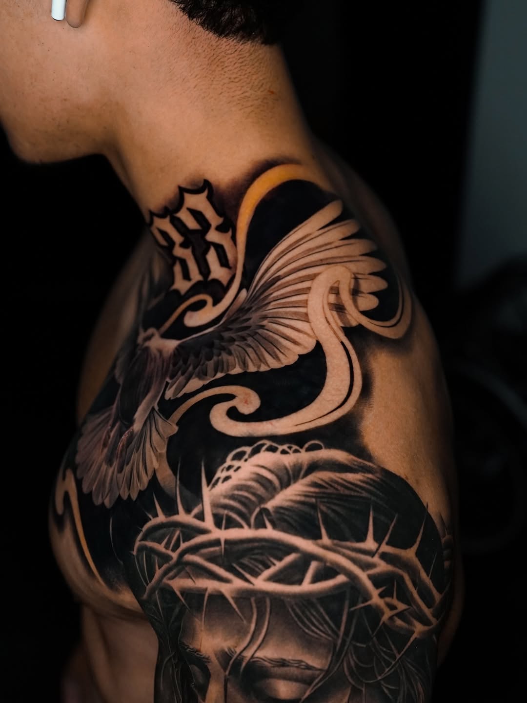 Chicano tattoo on the shoulder by Salvador Saenz Jr, Dallas, Texas