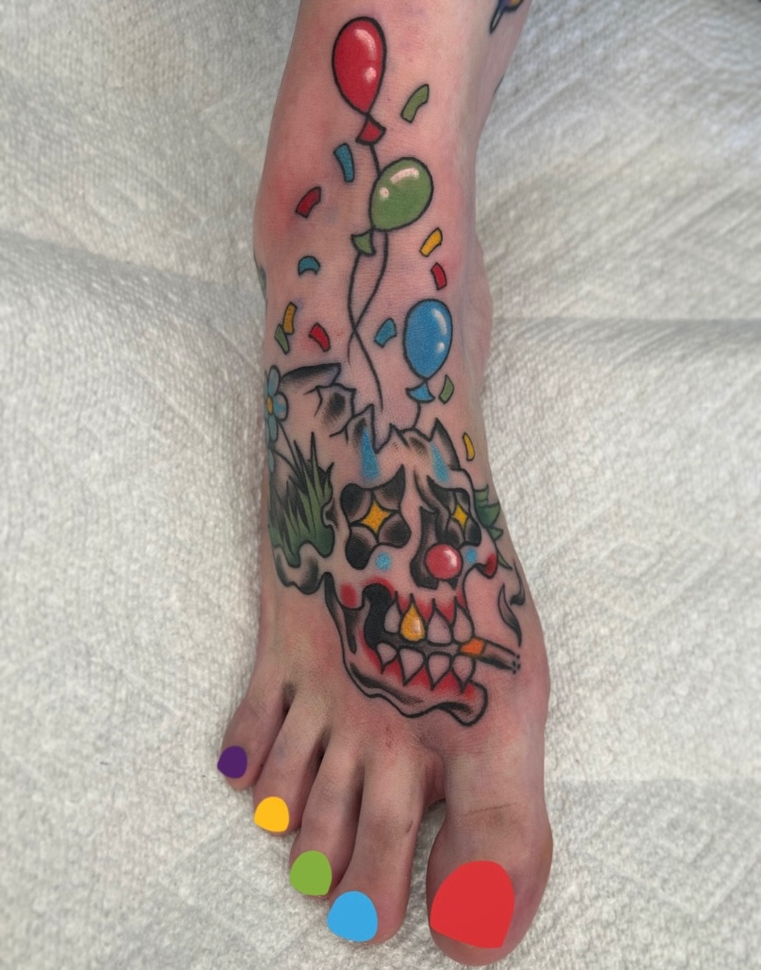 Skull with balloons American traditional tattoo on the foot by Audrey Migitsch