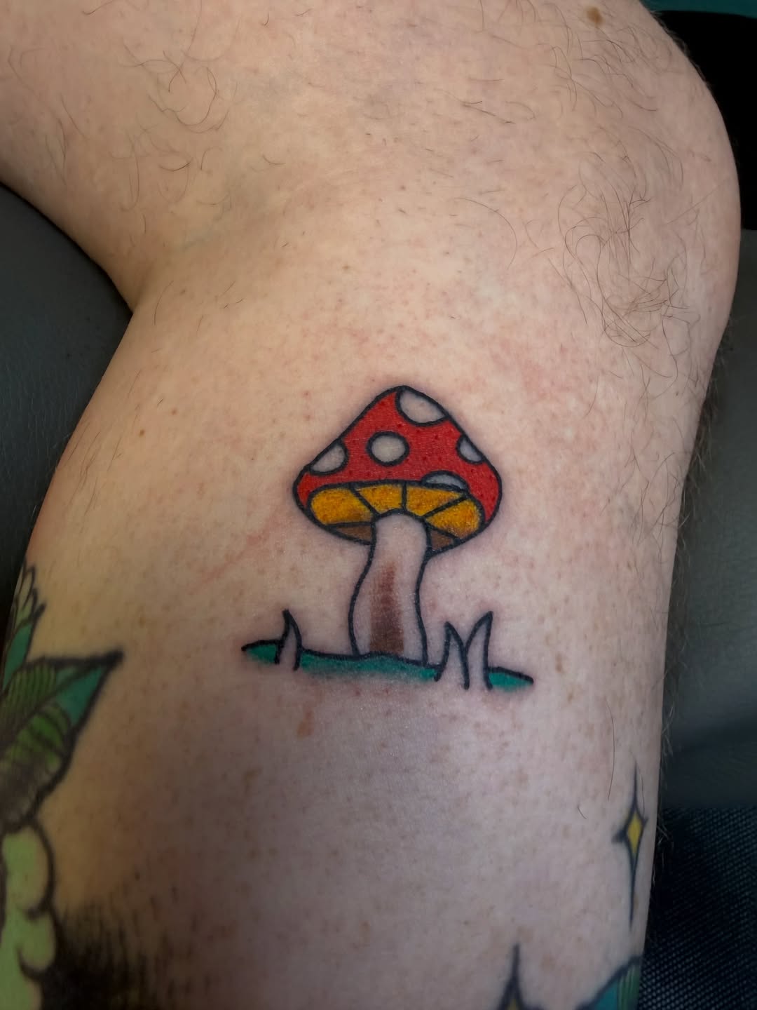 Mushroom American traditional tattoo on the shoulder by Nick Tumminello
