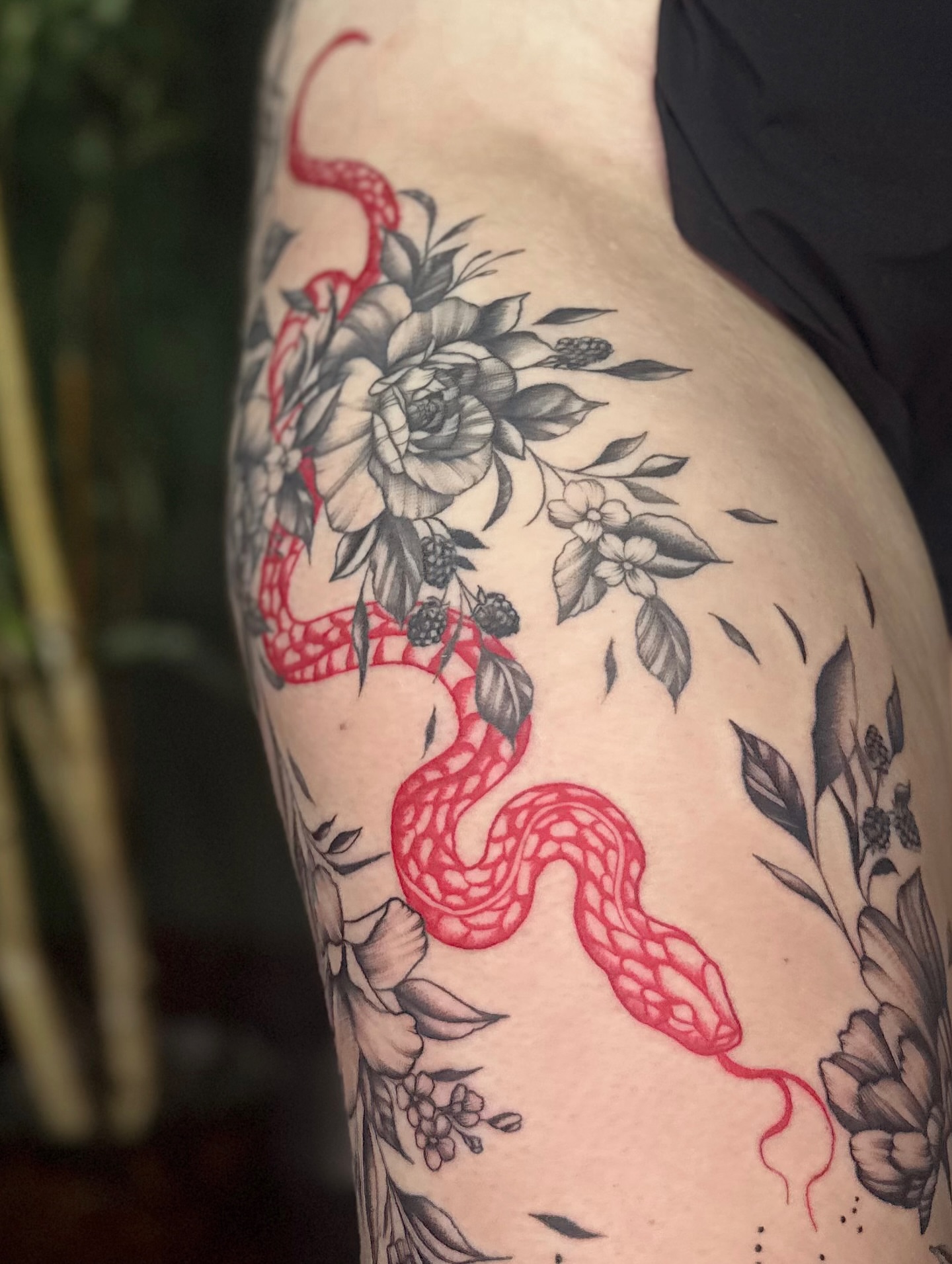 Snake and peony American traditional tattoo on the shoulder by Breanna Werner