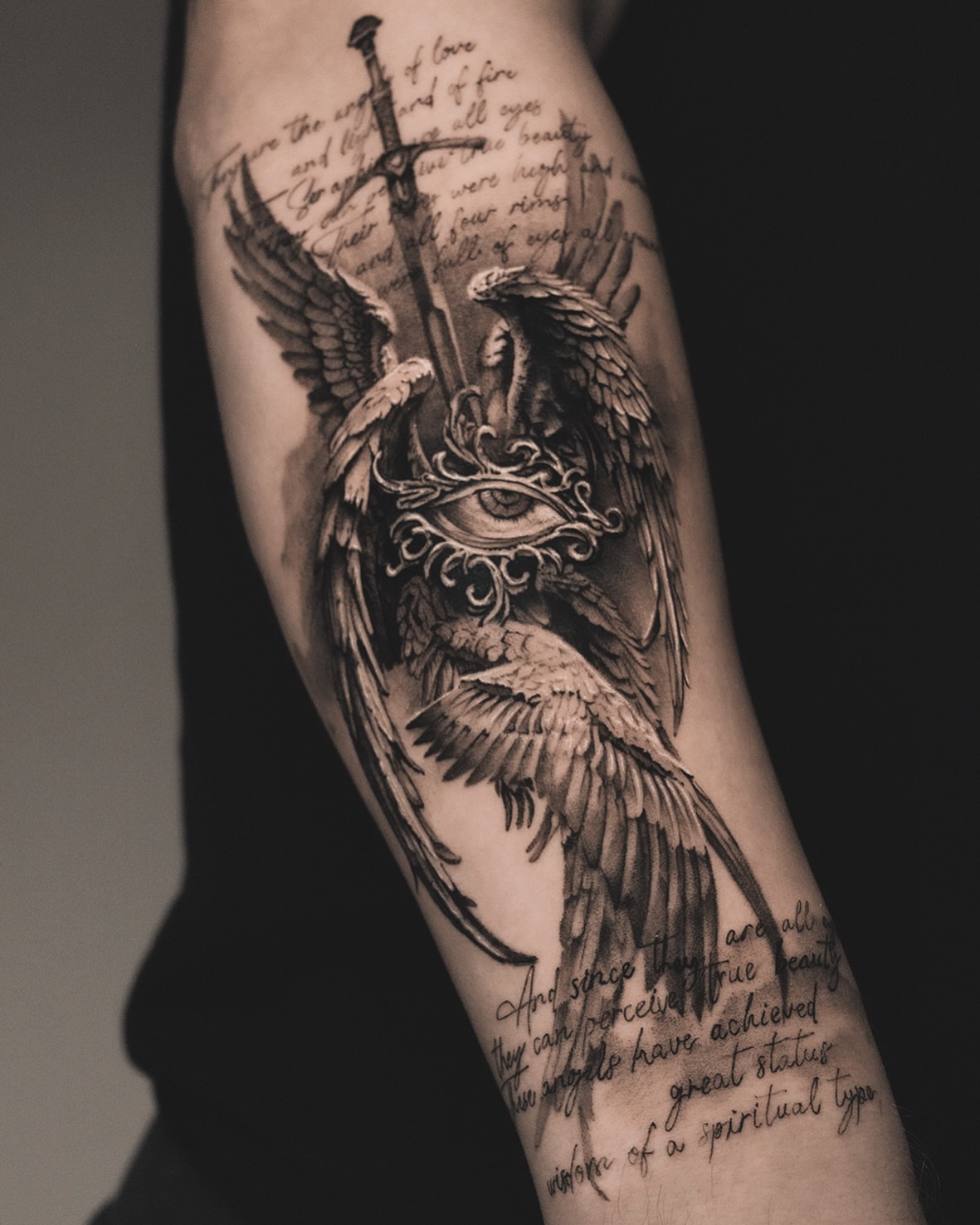 Eagle and sword realism tattoo on the forearm by AMU