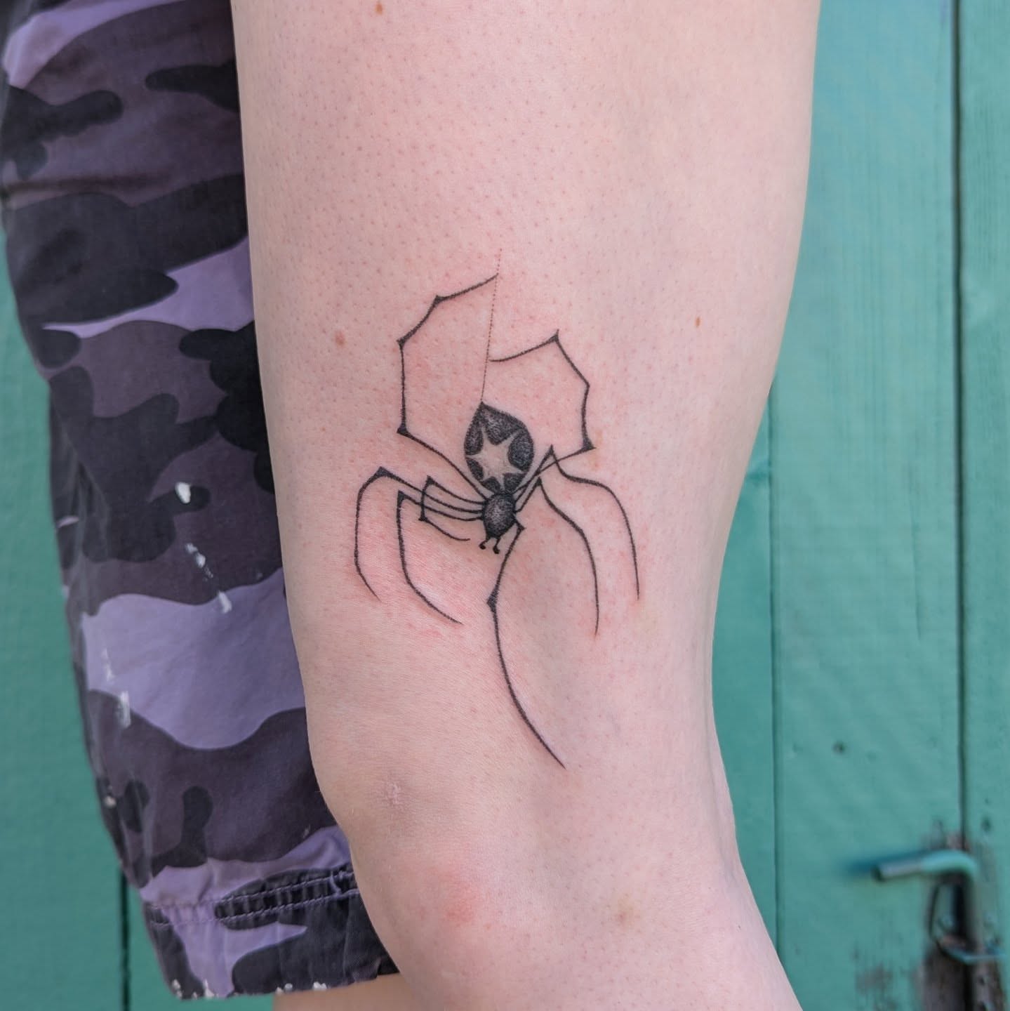 Spider geometric tattoo on the forearm by theo, Portland, Oregon