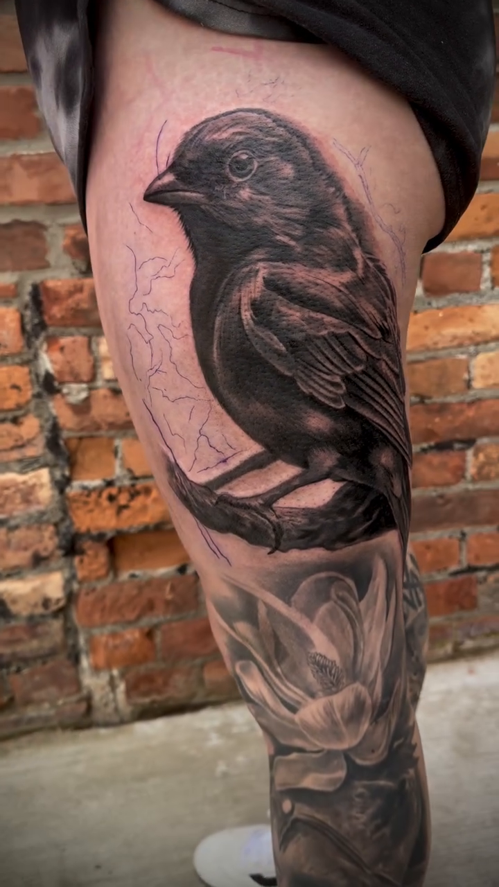 Bird on a branch fine line tattoo on the thigh by Kodi Klo