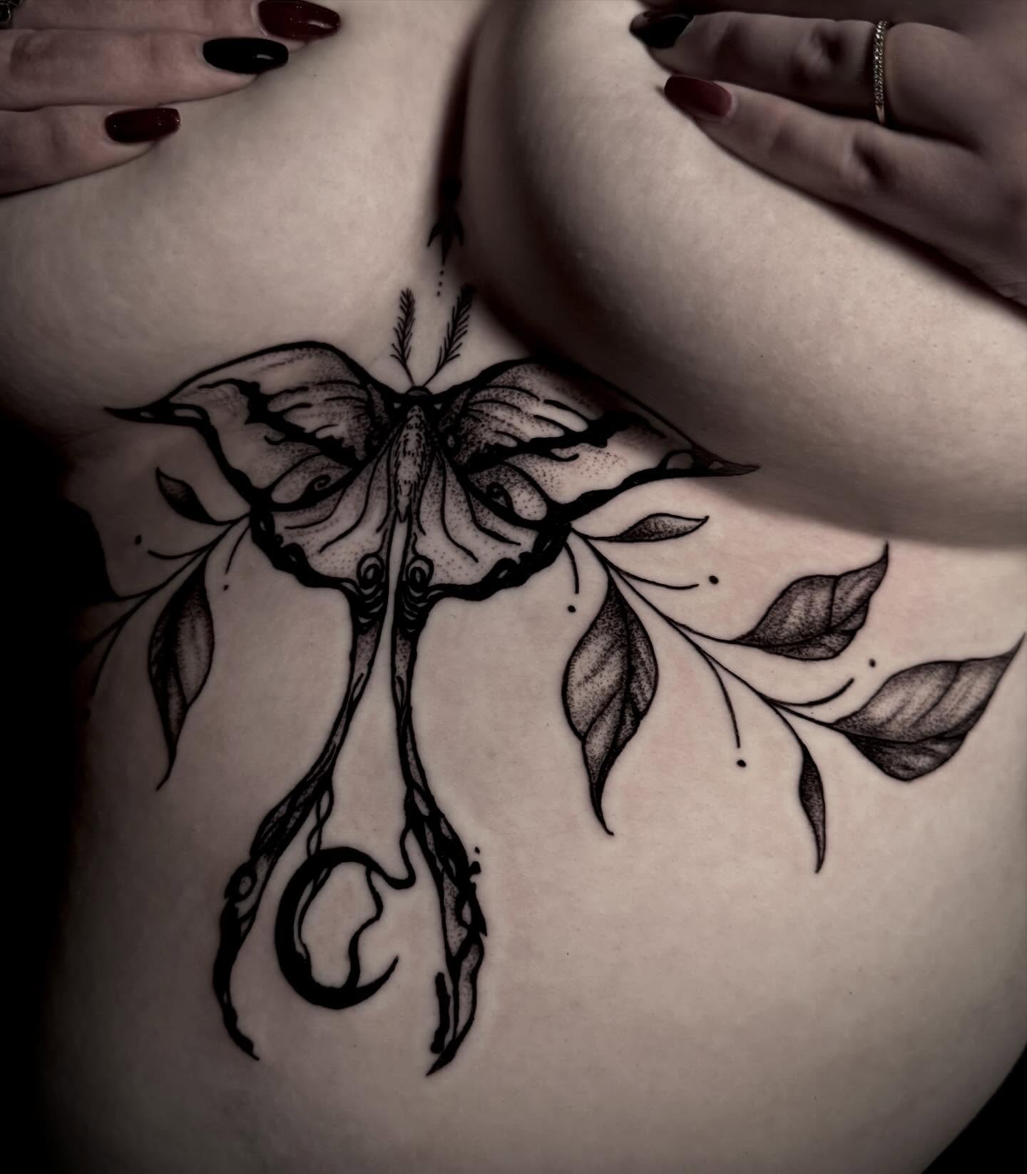 Butterfly dotwork tattoo on the chest by Fire-Breathing Bitch Queen