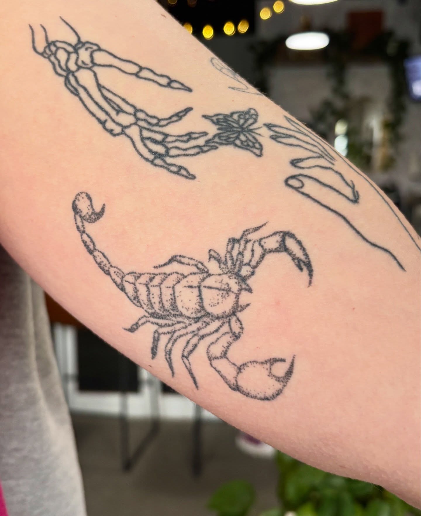 Scorpion dotwork tattoo on the forearm by Ashley, Elk Horn, Iowa