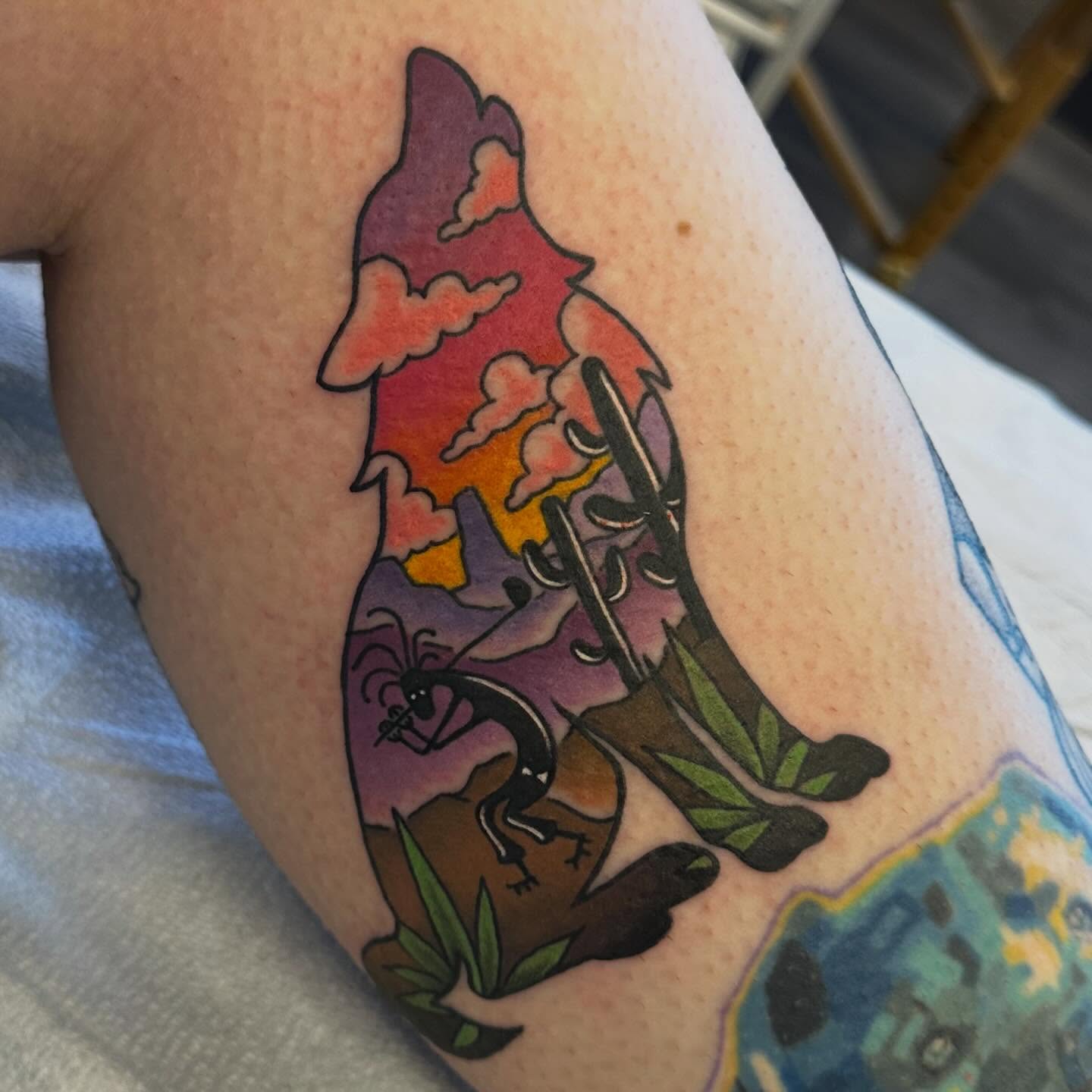 Fox and landscape new school tattoo on the thigh by Katie Beth