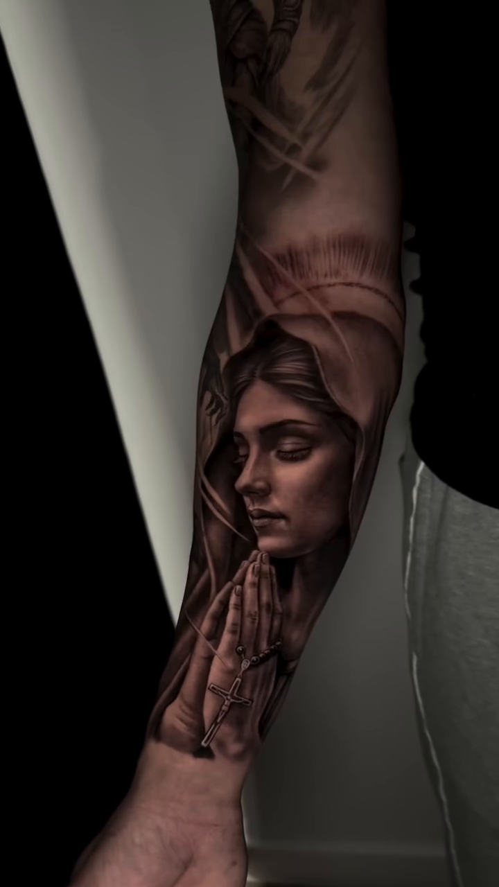 Religious figures and abstract elements realism tattoo by Cipri Suciu