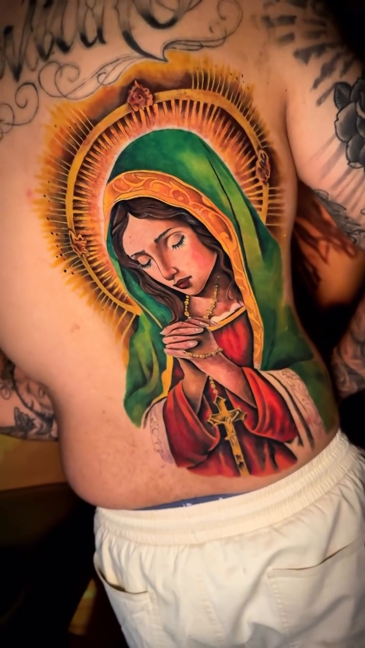 Virgin Mary neo-traditional tattoo by Sacramento Tattoo Artist Ryan