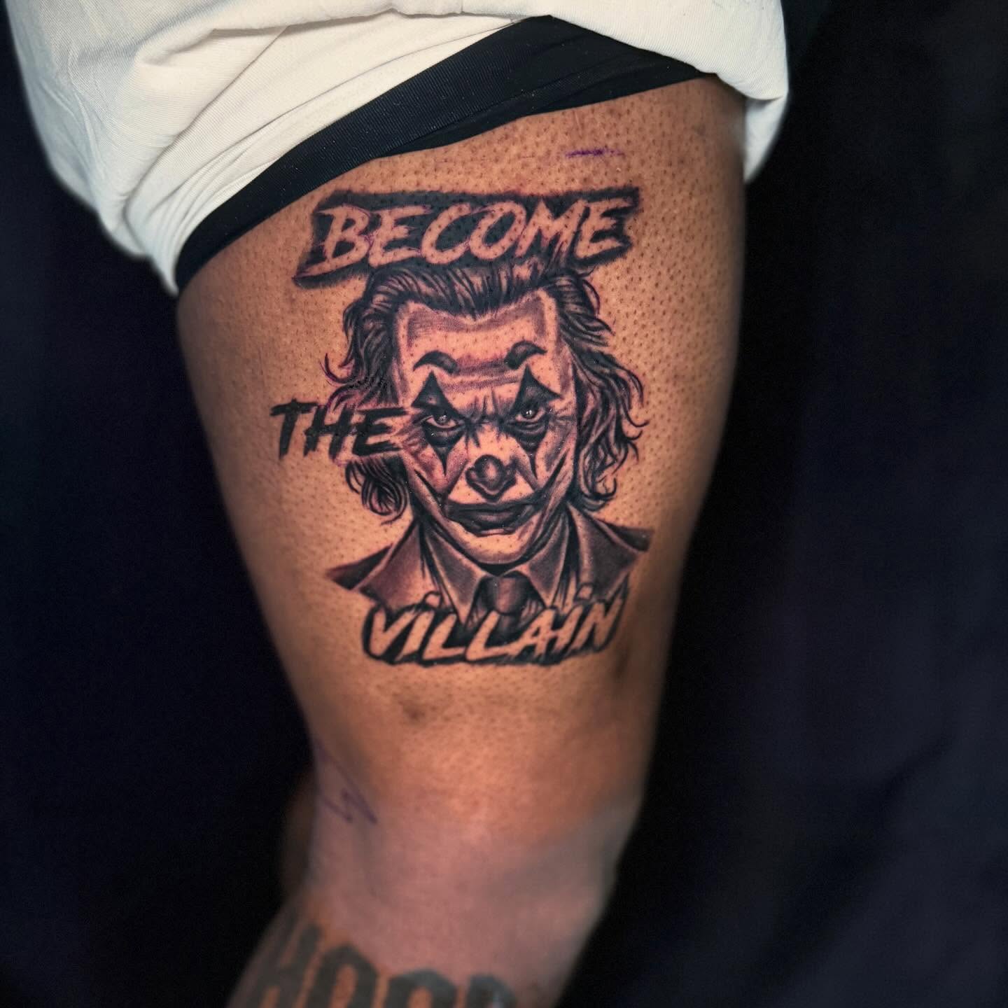 Joker realism tattoo on the thigh by Anime Tattoo Columbus