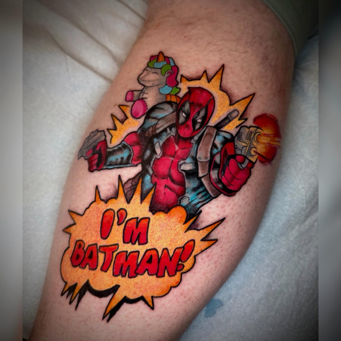 Batman new school tattoo on the thigh by Alyssa Deeghan