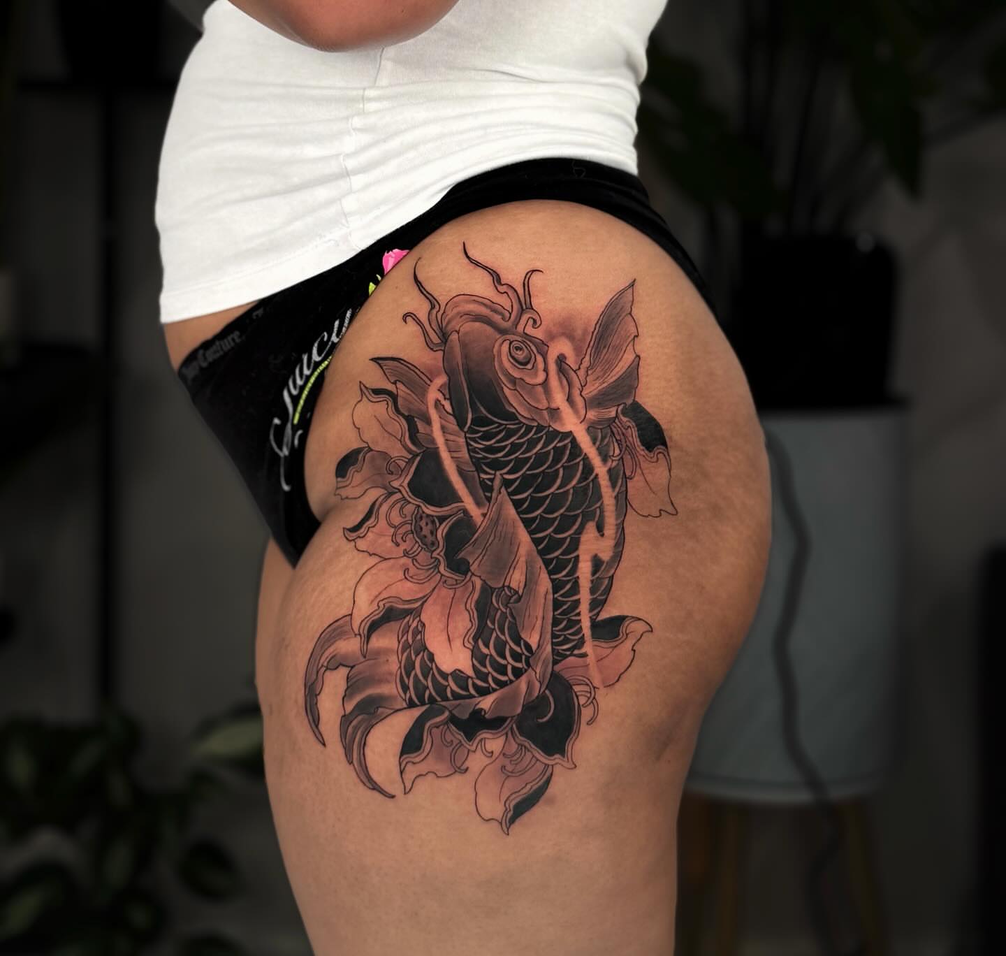 Koi fish japanese irezumi tattoo on the thigh by Kai, Charlotte, North Carolina