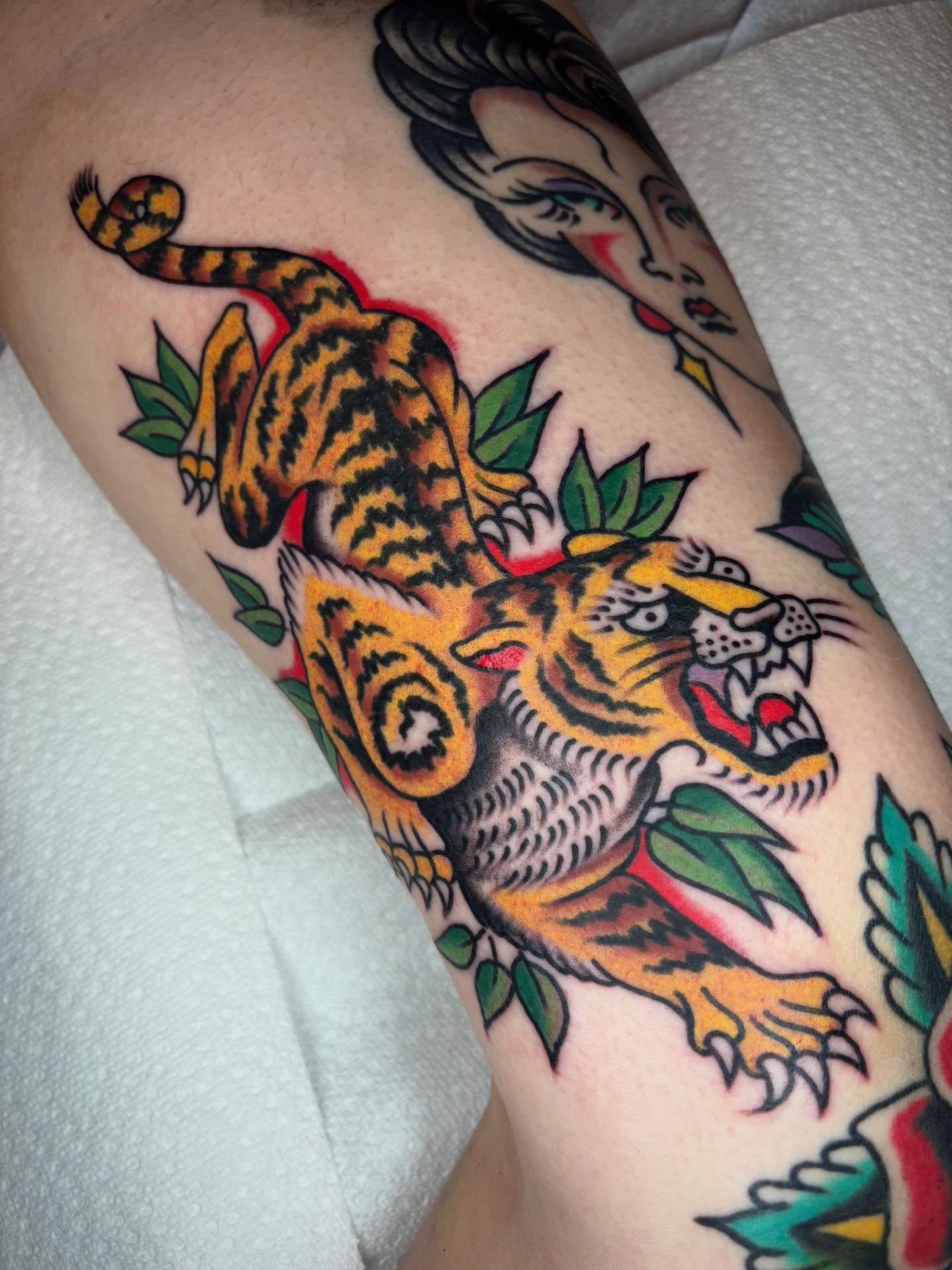 Tiger American traditional tattoo on the forearm by 🌹