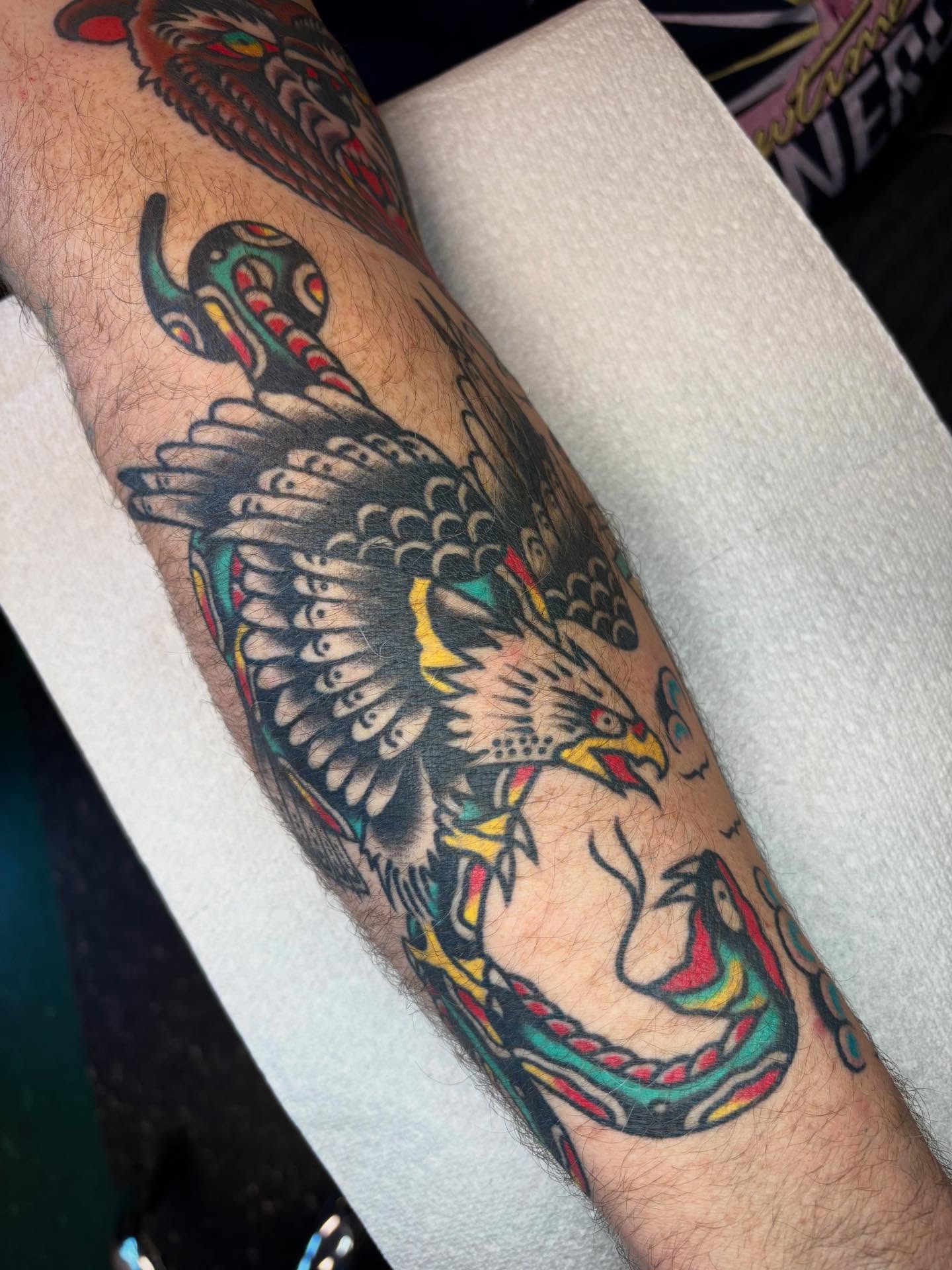Eagle and snake American traditional tattoo on the forearm by 🌹