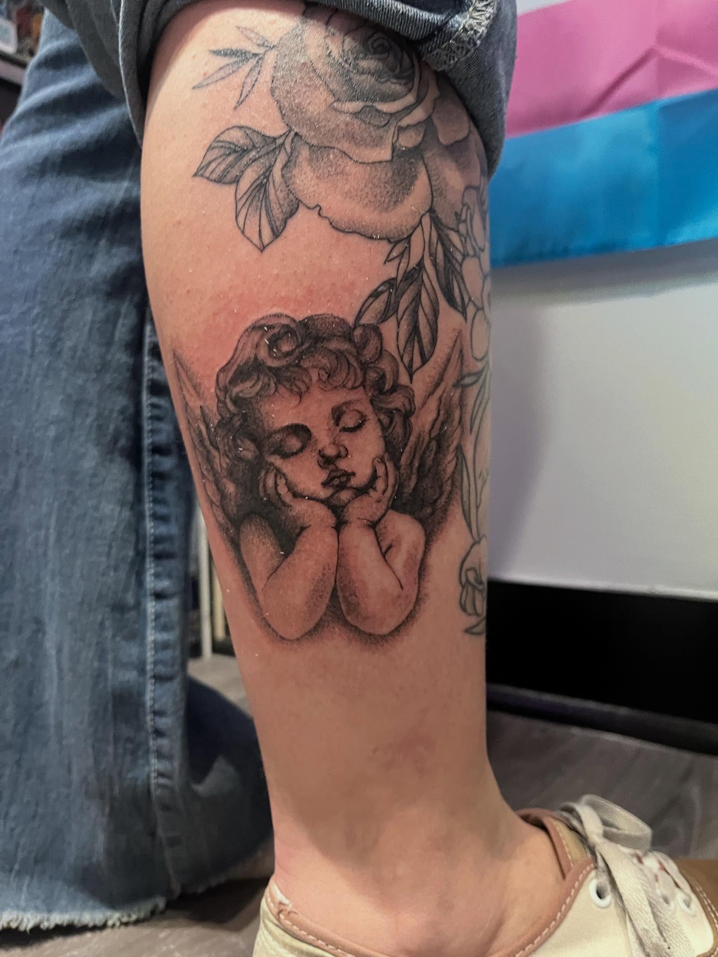 Angel black and grey tattoo on the forearm by 🖤Jess Pereira🖤, Framingham, Massachusetts