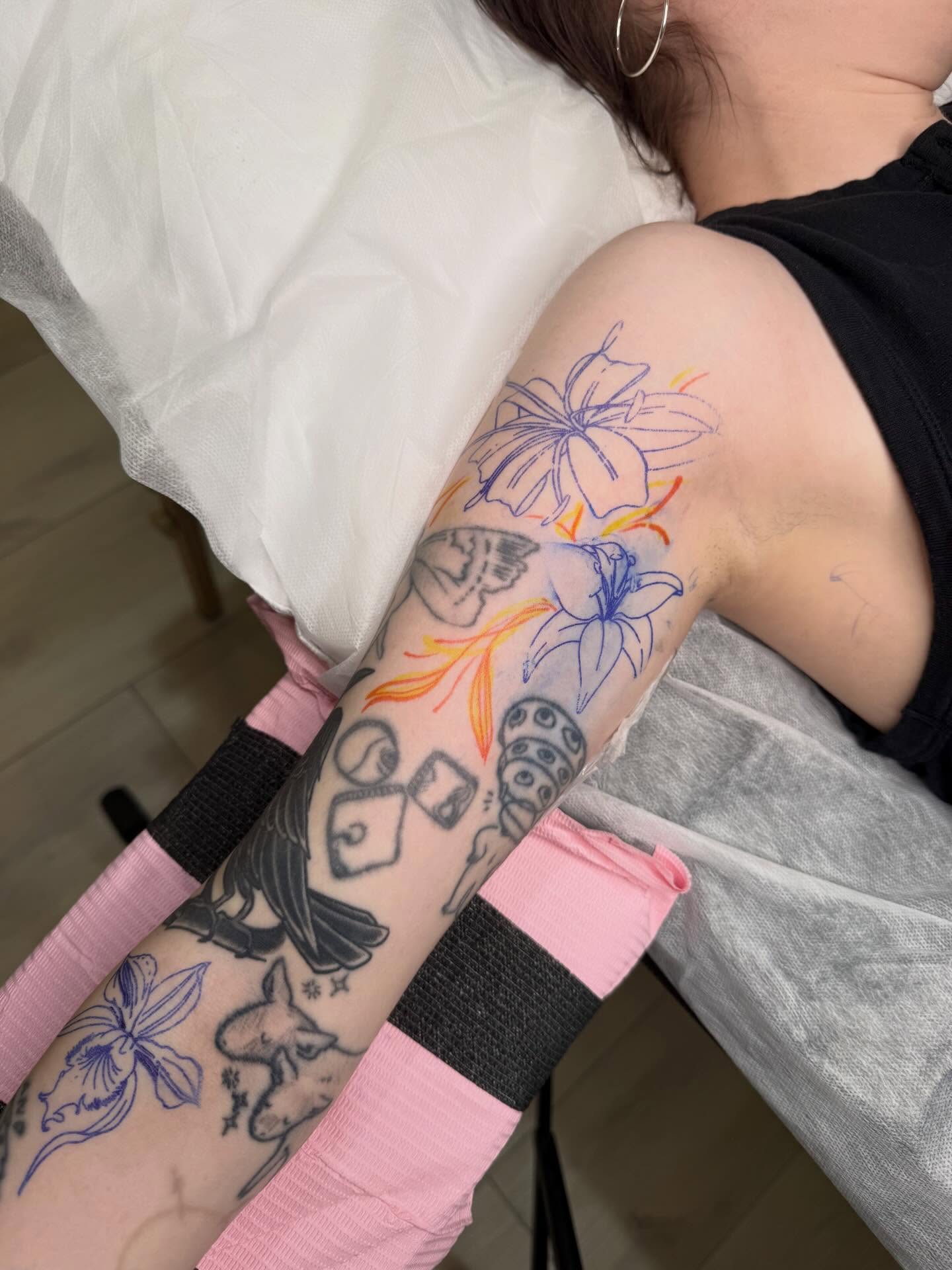 Floral and abstract dotwork tattoo on the forearm by 🗡Addie Kat🗡