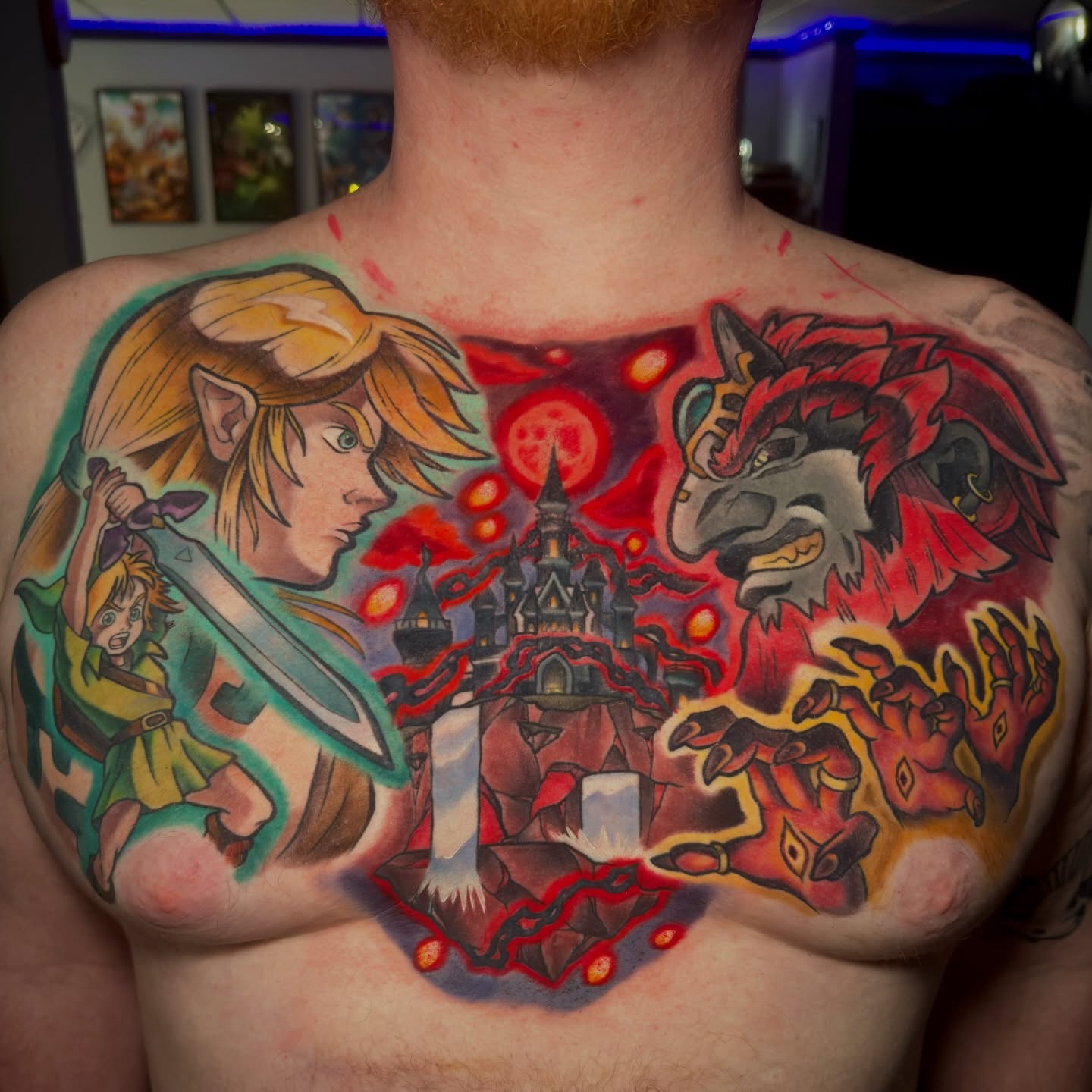 Legend of zelda illustrative tattoo on the chest by Luke Mullins, Frederick, Maryland