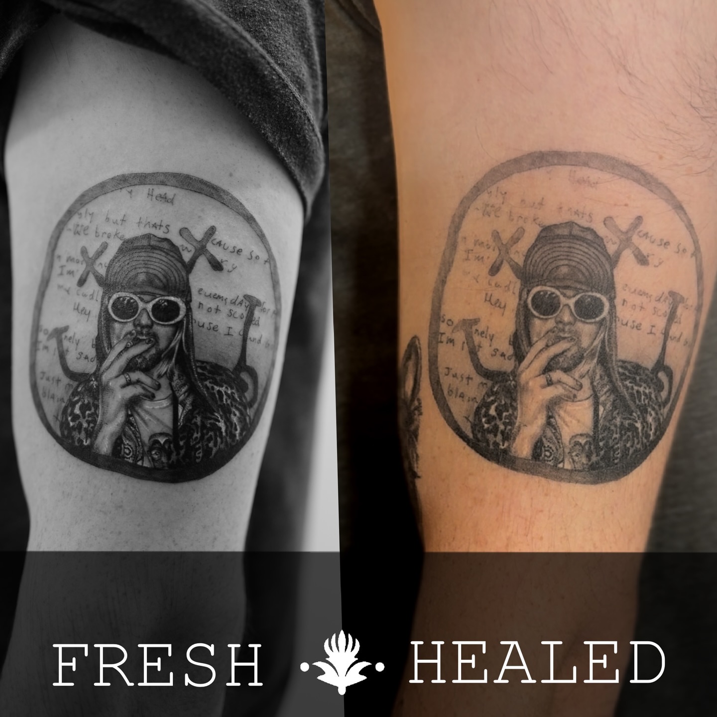 Rapper smoking realism tattoo on the thigh by Ross Clark Tattoos
