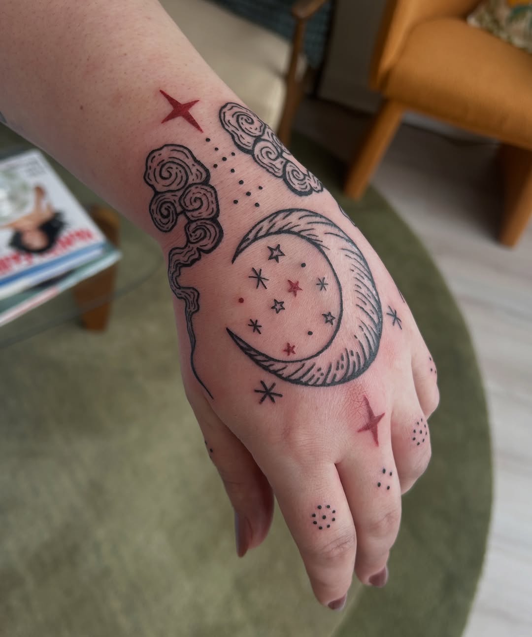 Moon and stars ornamental tattoo on the hand by ❆ minneapolis tattoo artist ❆