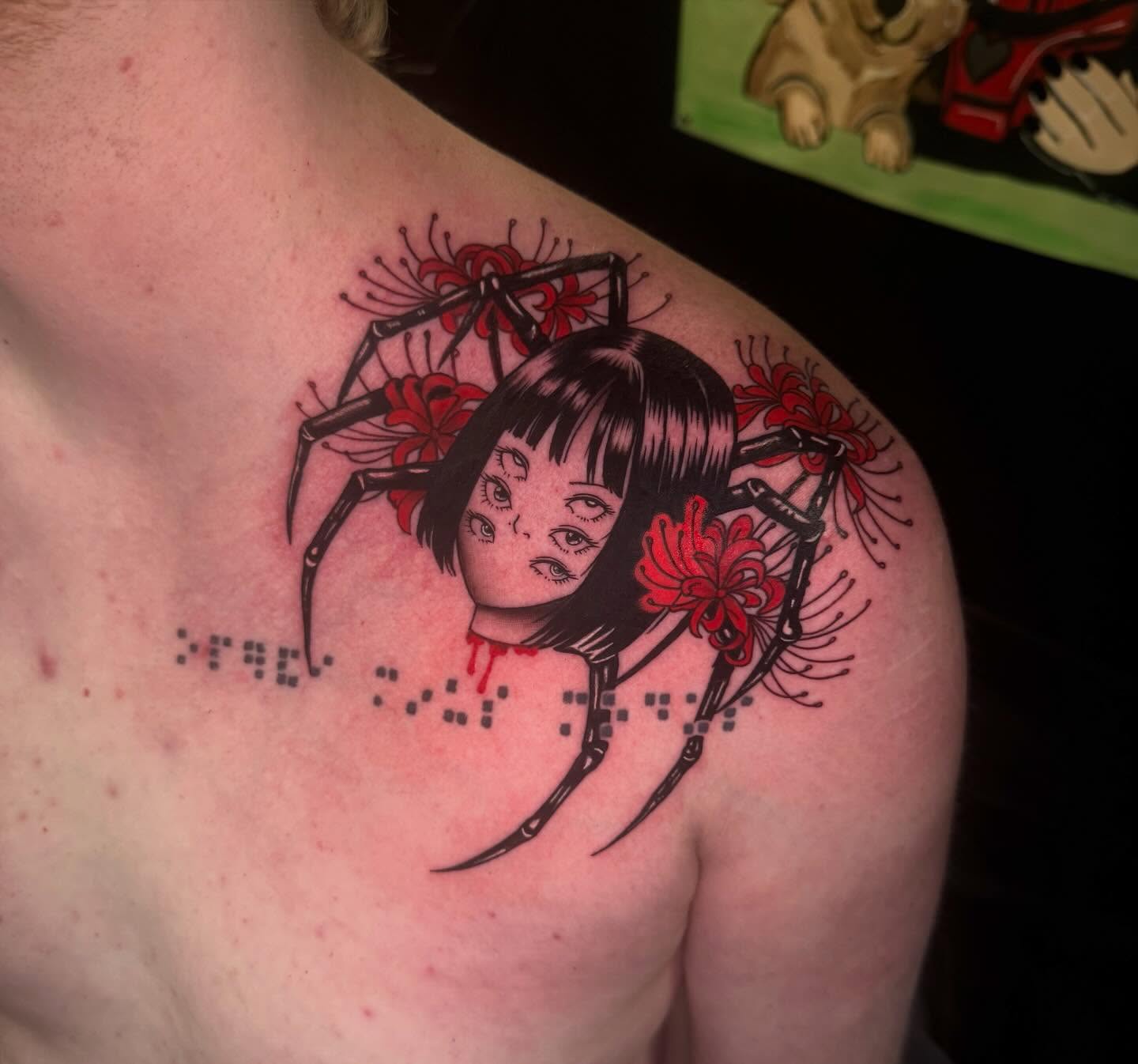 Tattoo by @mademariontattoos — dotwork, anime