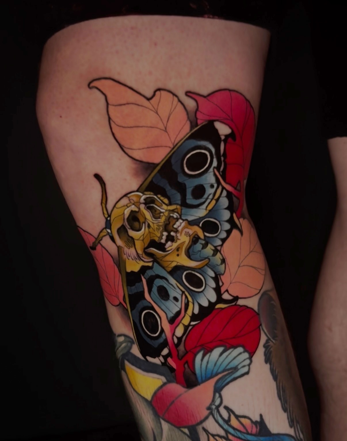 Butterfly and skull American traditional tattoo on the forearm by Nathan Mickle