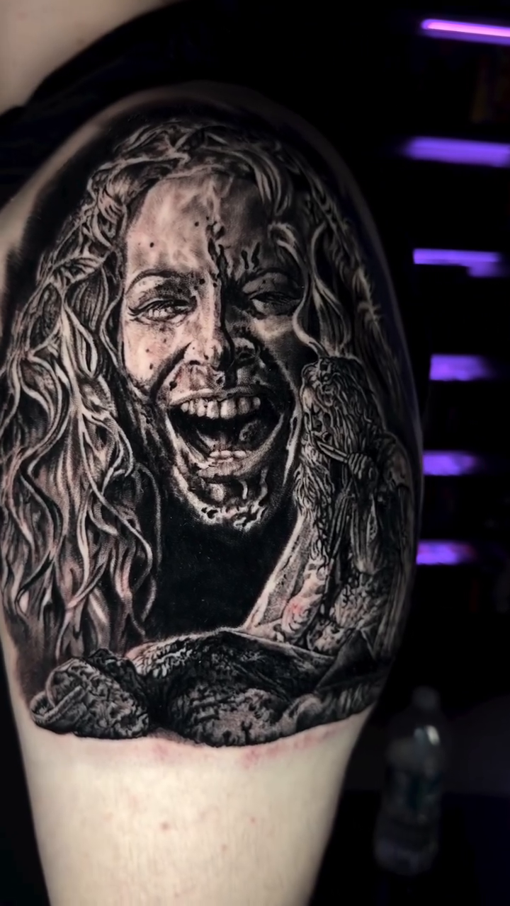 Screaming woman with bird realism tattoo by Steven Pelkey, Eastpointe, Michigan