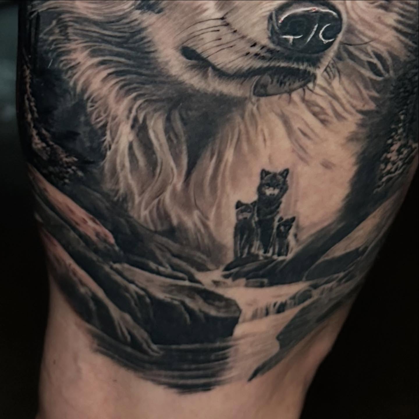 Wolf and cubs realism tattoo on the forearm by Christian Medina, Sacramento, California