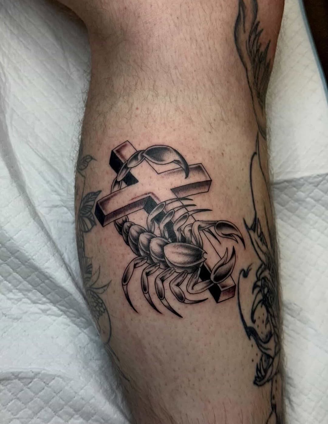 Scorpion and libra symbol fine line tattoo on the forearm by Matthew Ulrich