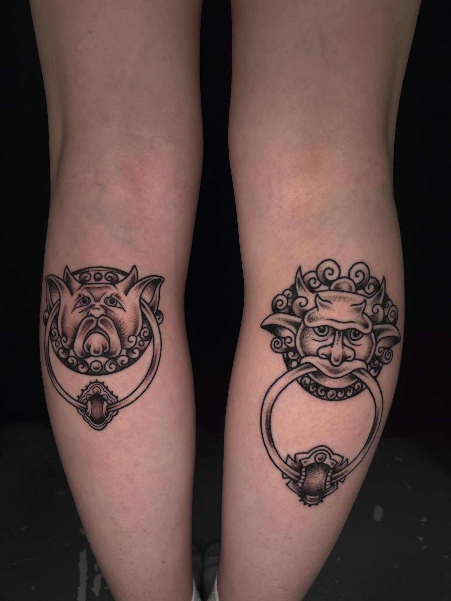 Demon mask black and grey tattoo on the thigh by ✯ ❀ emily ruth ❀ ✯