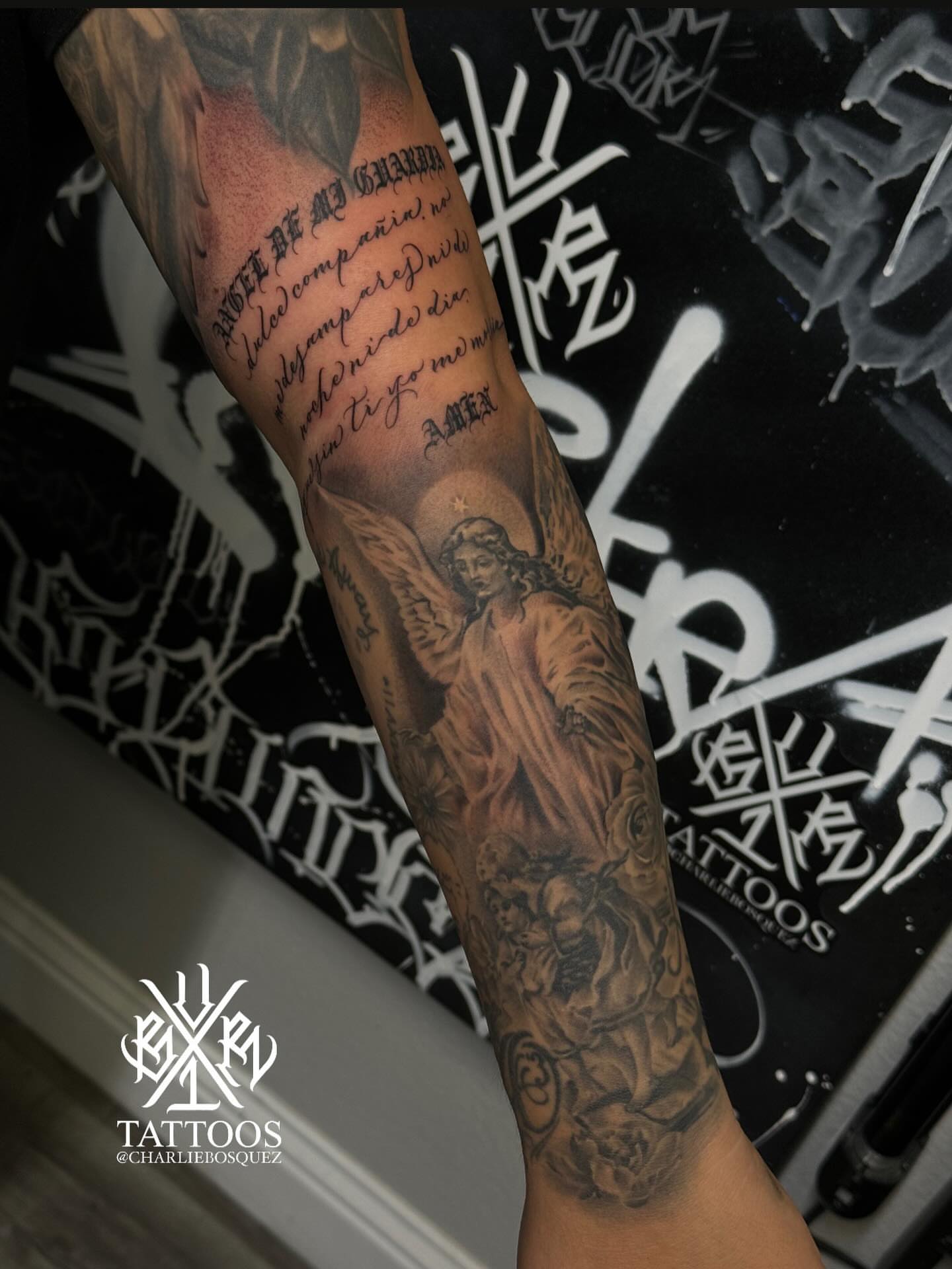 Angel with halo realism tattoo on the forearm by El Beaver Tattoos