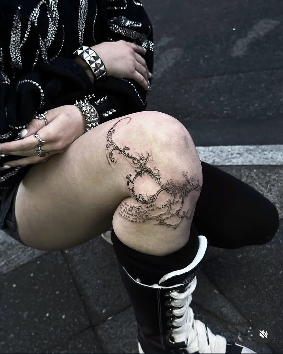Ornamental script cyber sigilism tattoo on the thigh by @ashencoil