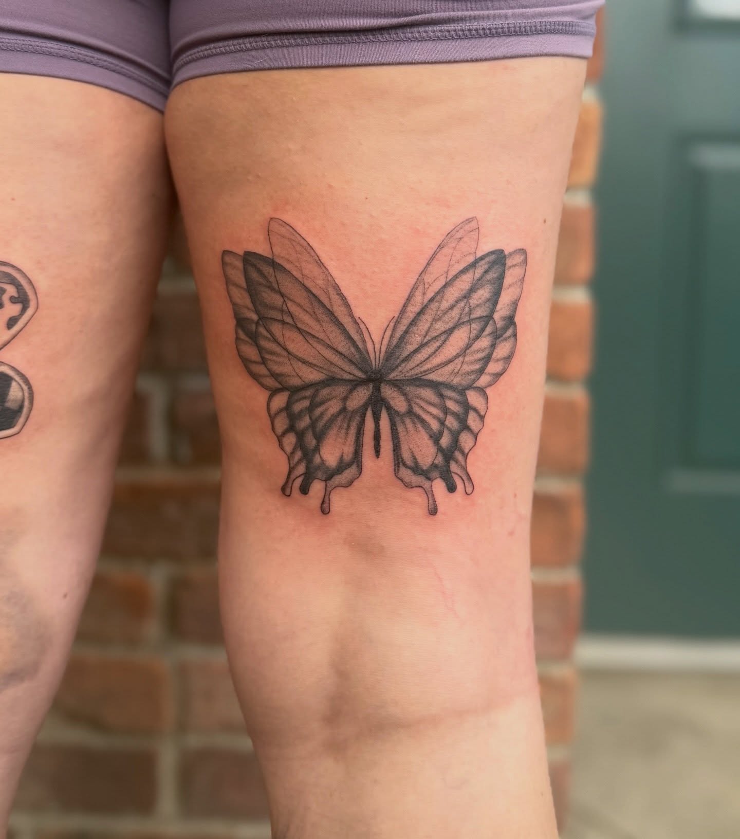 Butterfly black and grey tattoo on the thigh by Nicole Libretti ✶ Tattoo ✶ Hvny