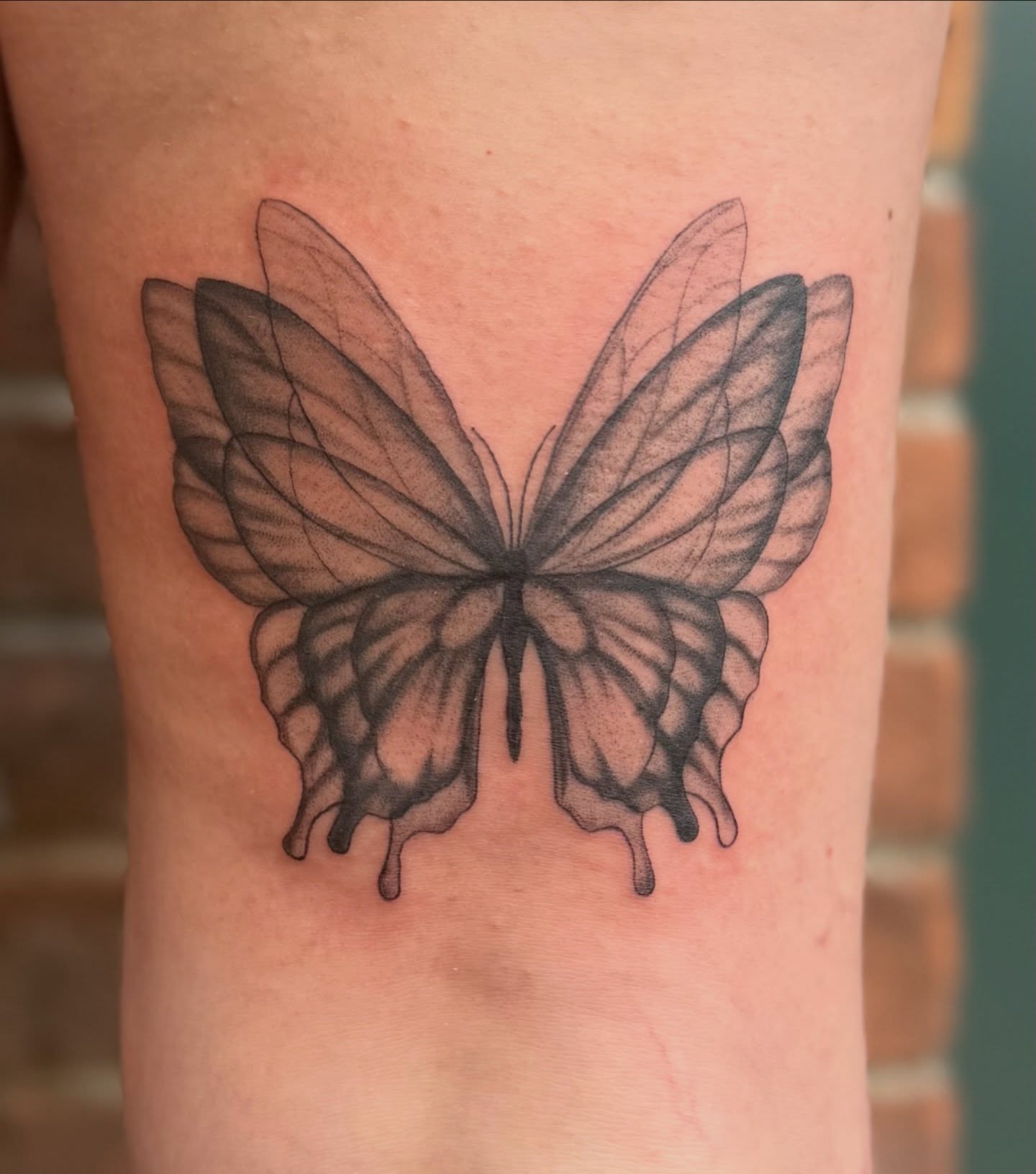 Butterfly black and grey tattoo on the thigh by Nicole Libretti ✶ Tattoo ✶ Hvny