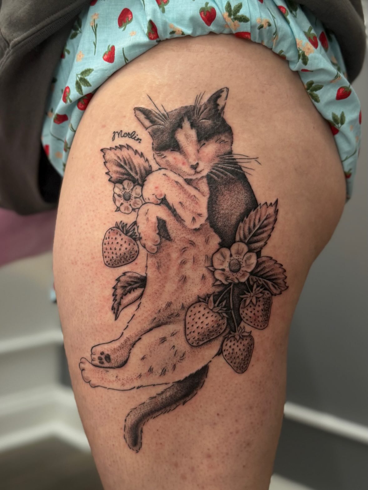 Cat and strawberries realism tattoo on the thigh by Kamakana Pankiwska