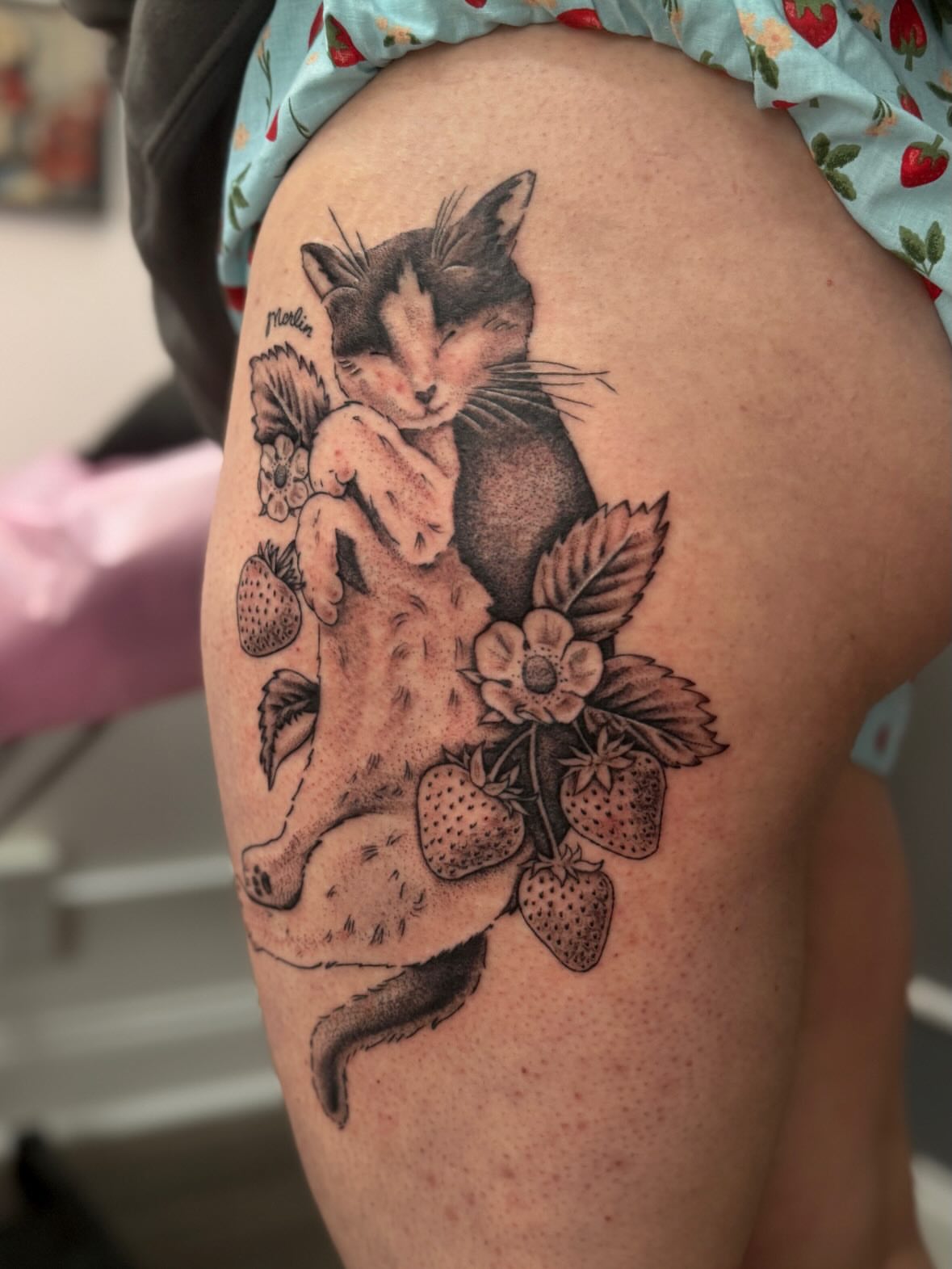 Cat and strawberries dotwork tattoo on the thigh by Kamakana Pankiwska