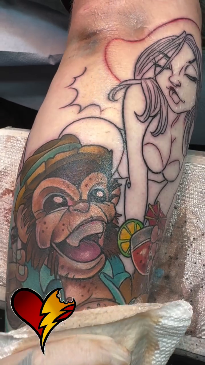 Monkey and woman with fruit new school tattoo by Joe Capobianco, New Haven, Connecticut