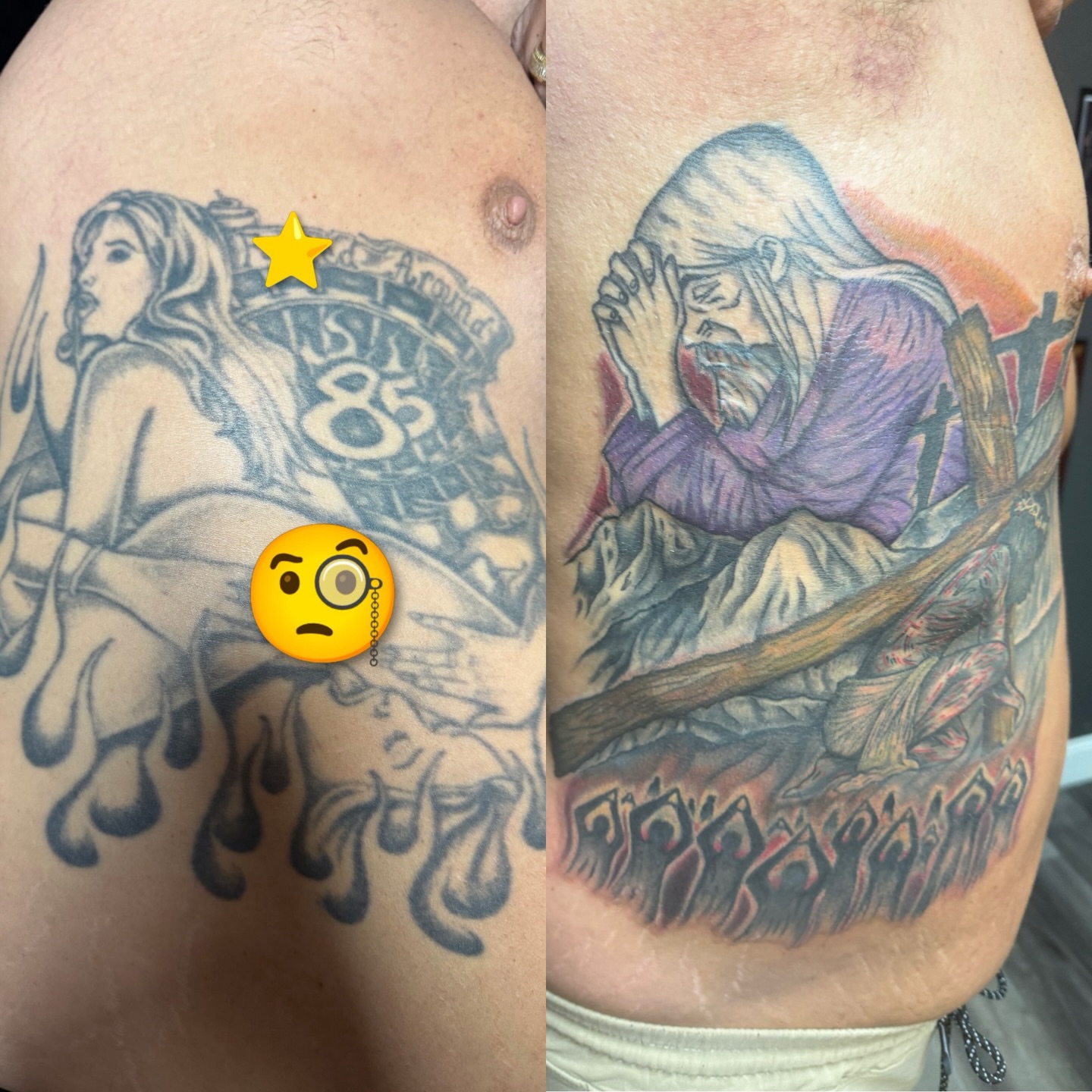 Woman and flame American traditional tattoo on the thigh by Justin George