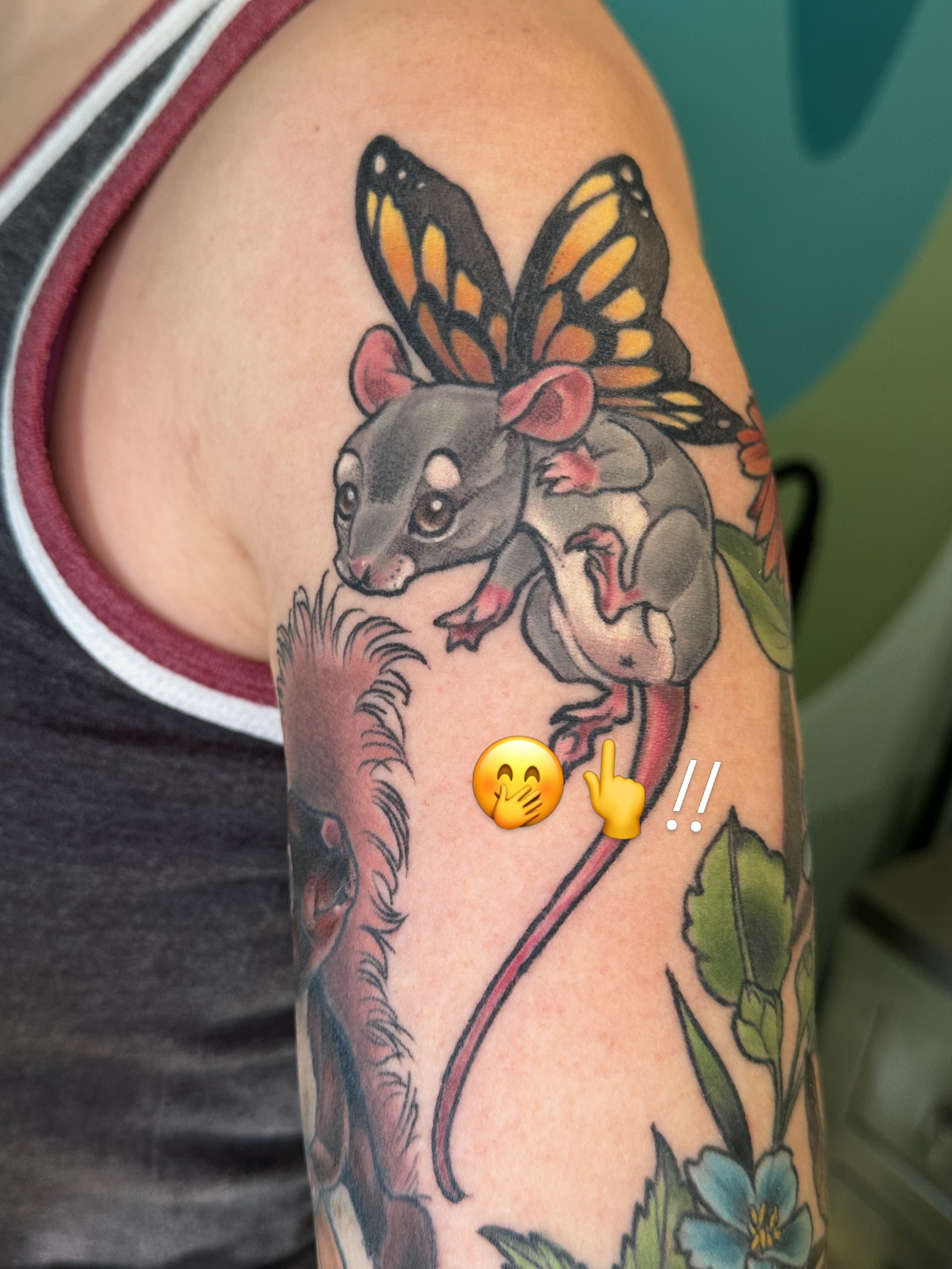 Sugar glider with butterfly wings new school tattoo on the forearm by Katie Hutchins, Dayton, Ohio
