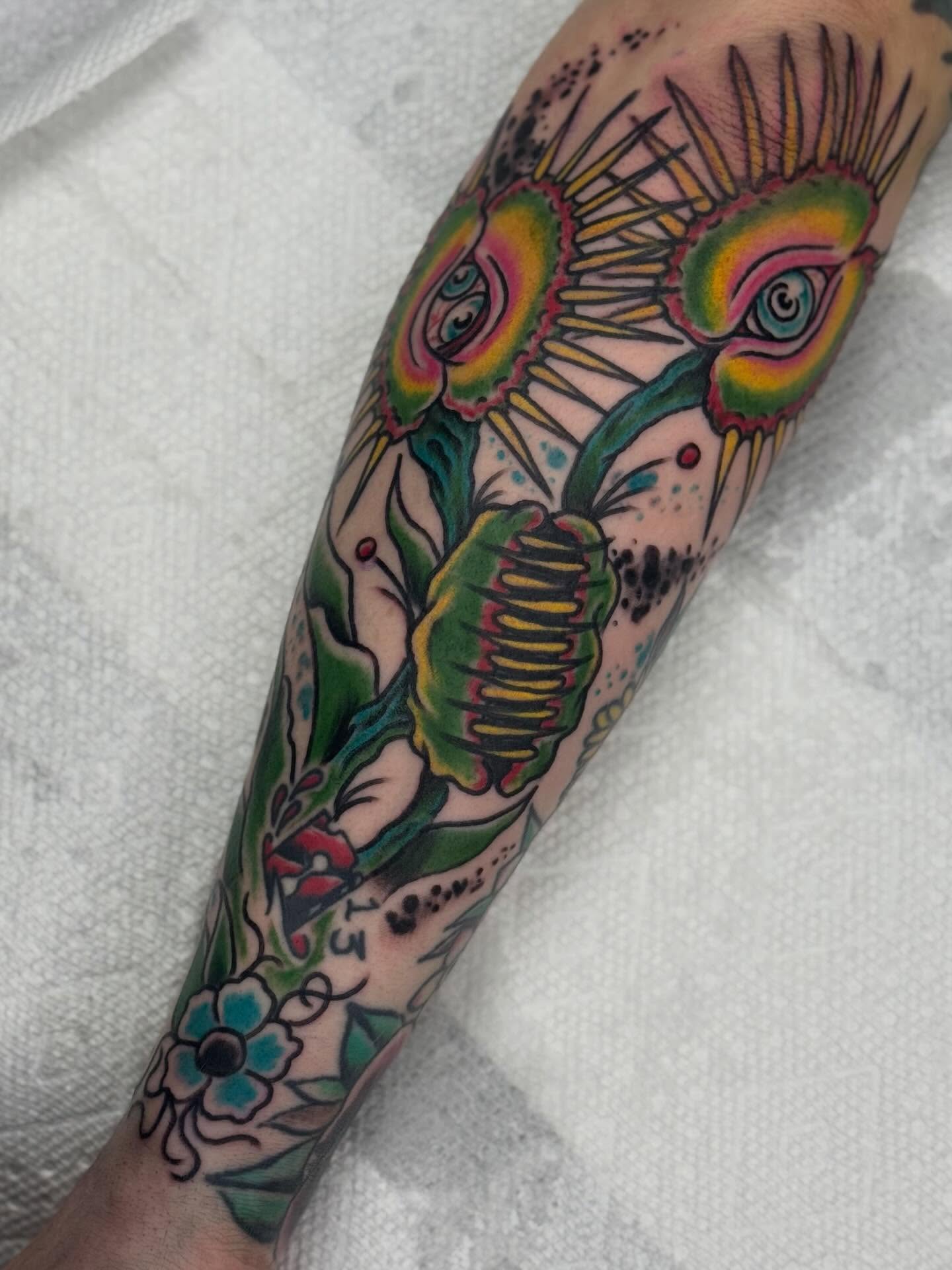 Peacock American traditional tattoo on the forearm by Eric James, Columbus, Ohio