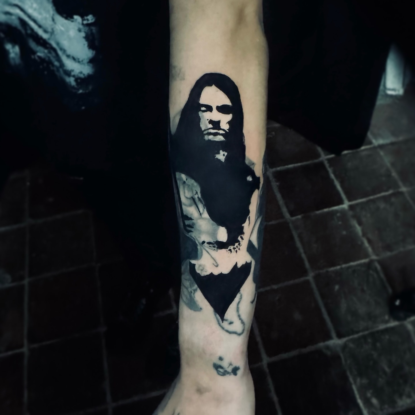 Portrait black and grey tattoo on the forearm by Mango 🧿