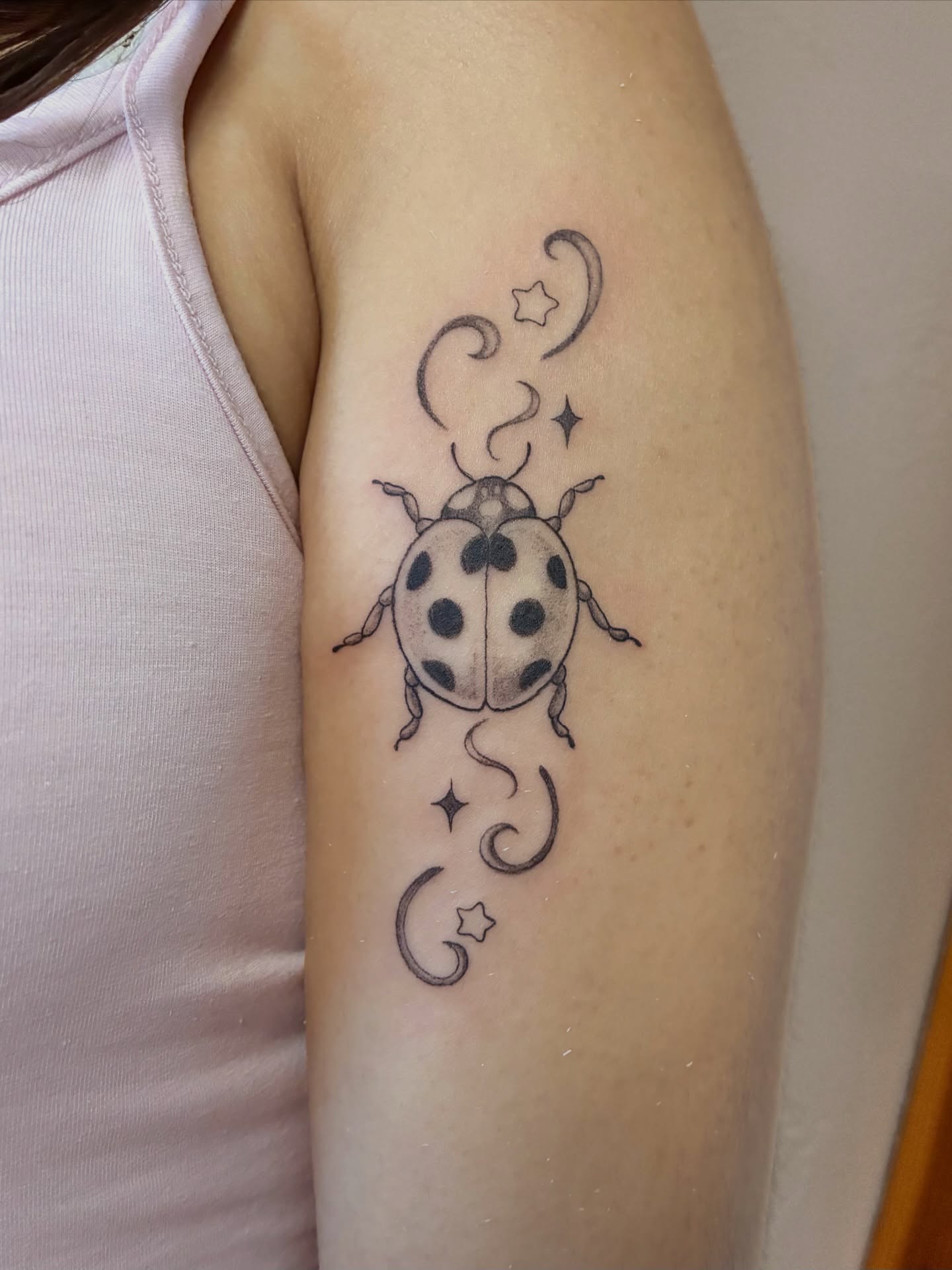 Ladybug dotwork tattoo on the forearm by ⊹ Avery Peterson ⊹