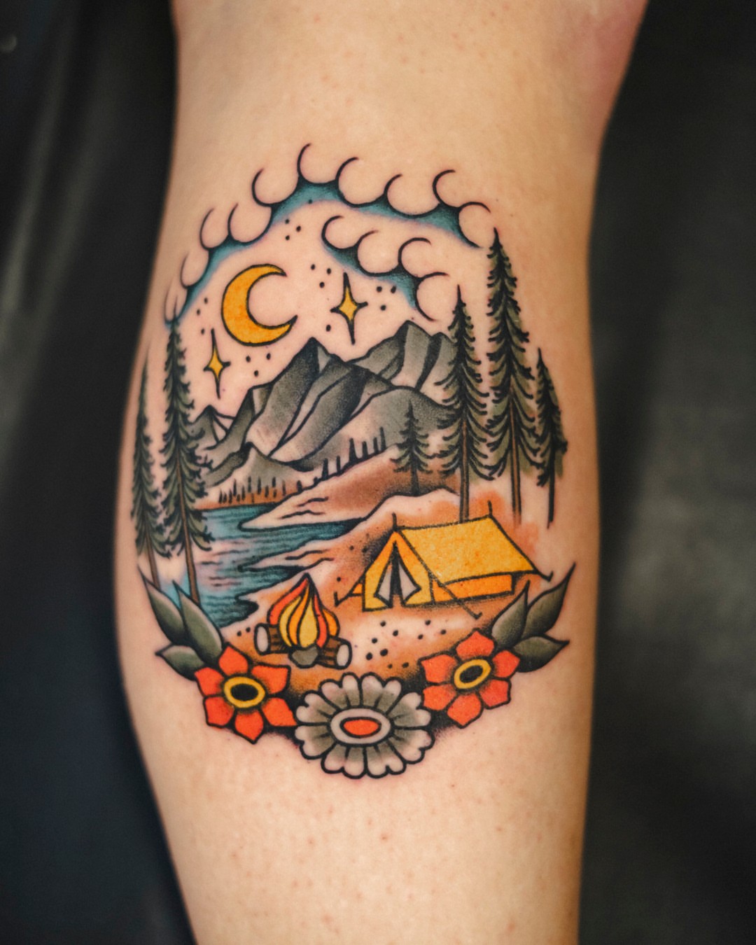 Camping scene American traditional tattoo on the forearm by Dan Gilsdorf, Portland, Oregon