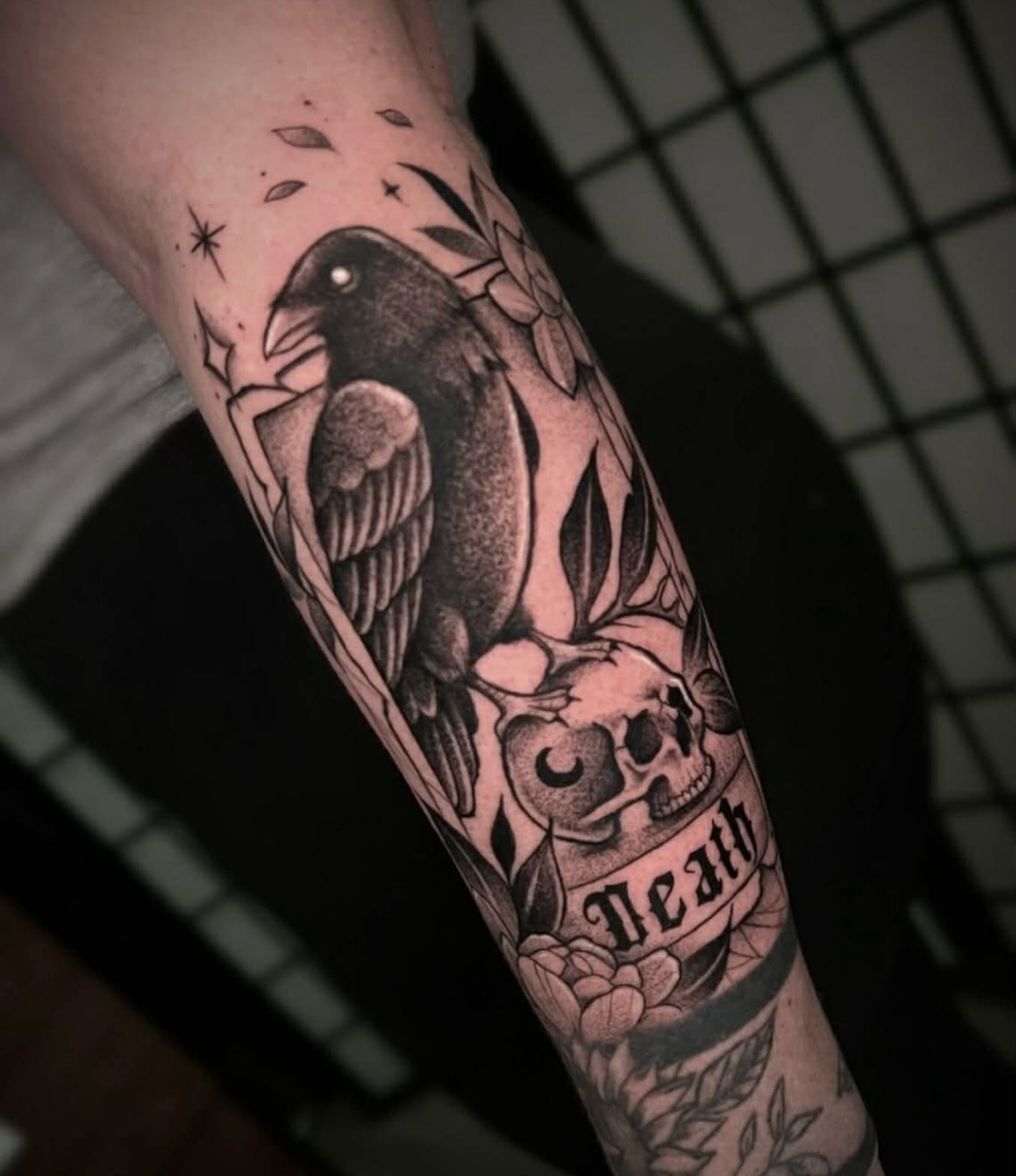 Raven and skull American traditional tattoo on the forearm by π·ππ πππππ π·οΈ