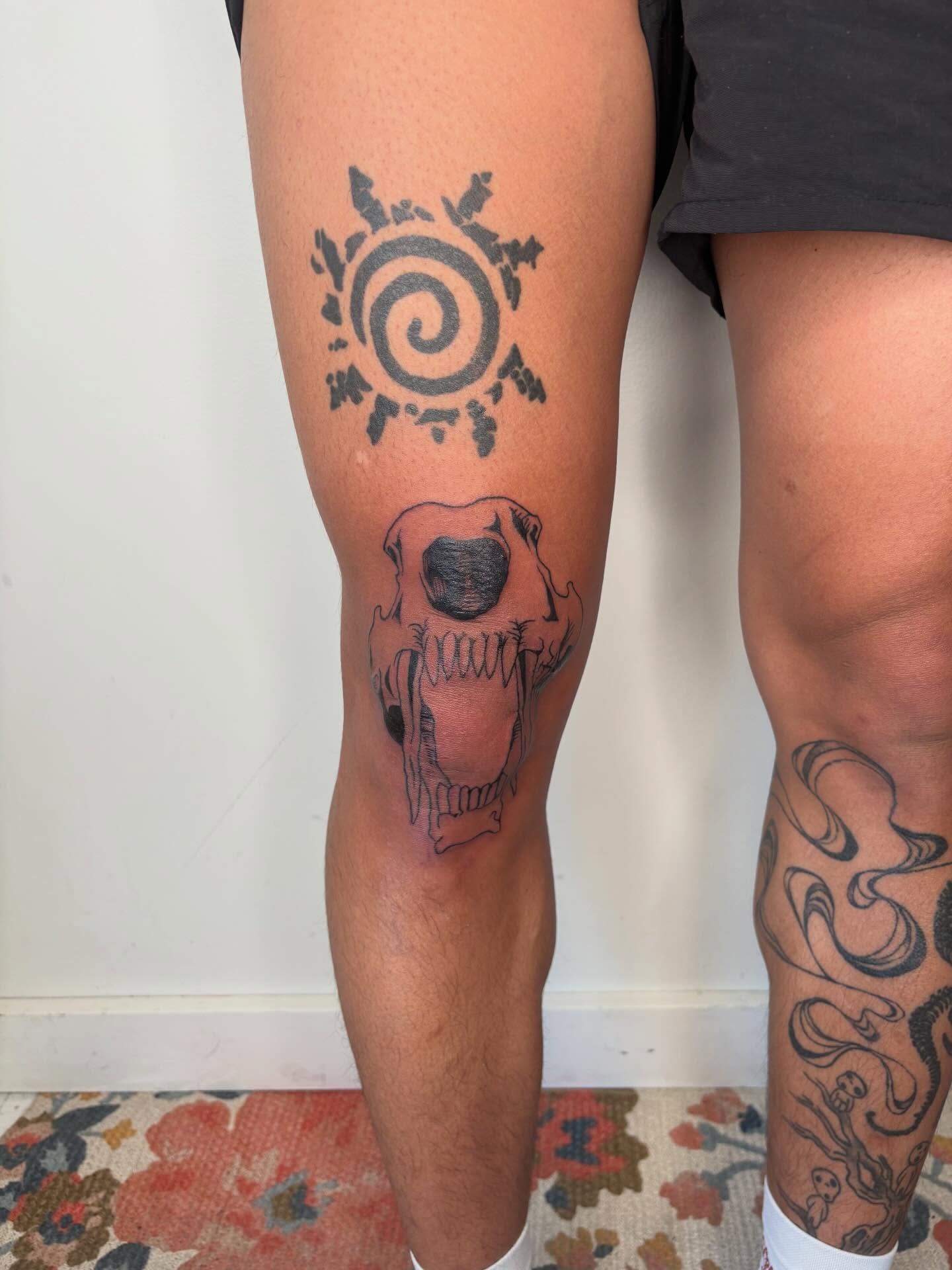 Skull black and grey tattoo on the leg by Topher Belmont