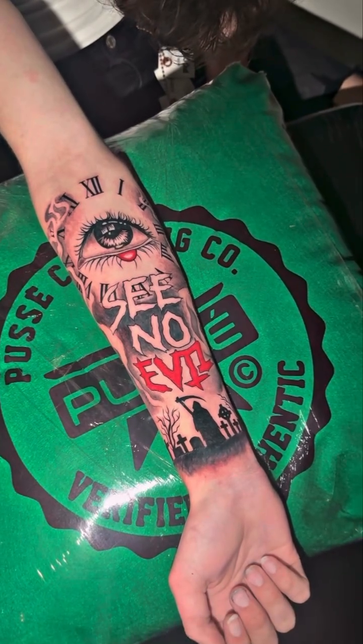 See no evil text and eye blackwork tattoo by Atlanta Tattoo Artist βπ½
