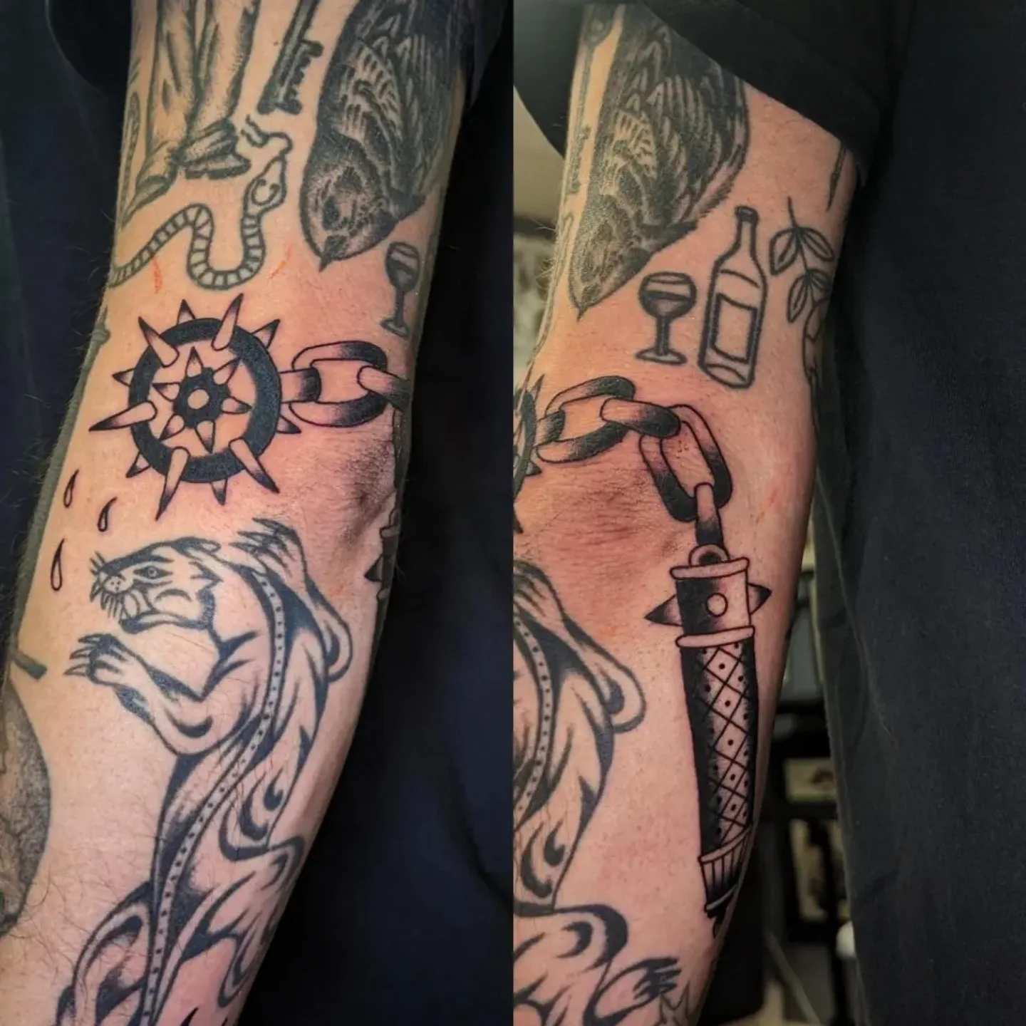 Ship wheel and chain American traditional tattoo on the forearm by joseph palladino