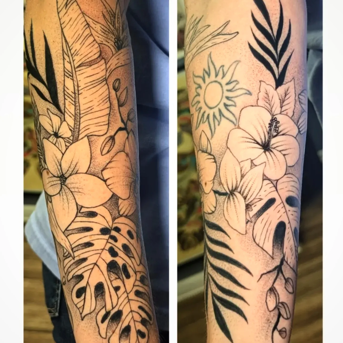Tropical flowers and leaves dotwork tattoo on the forearm by joseph palladino