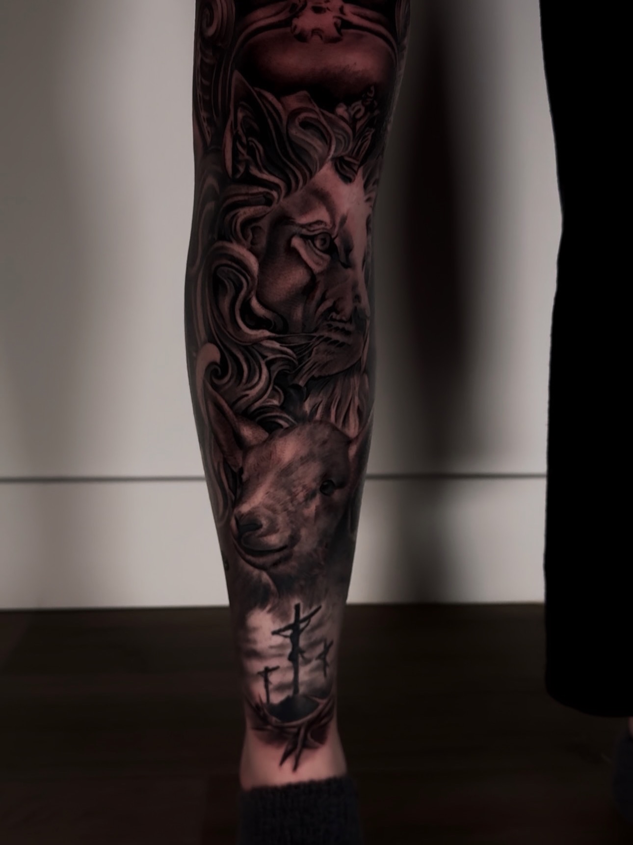 Lion and horse realism tattoo on the forearm by Yudel