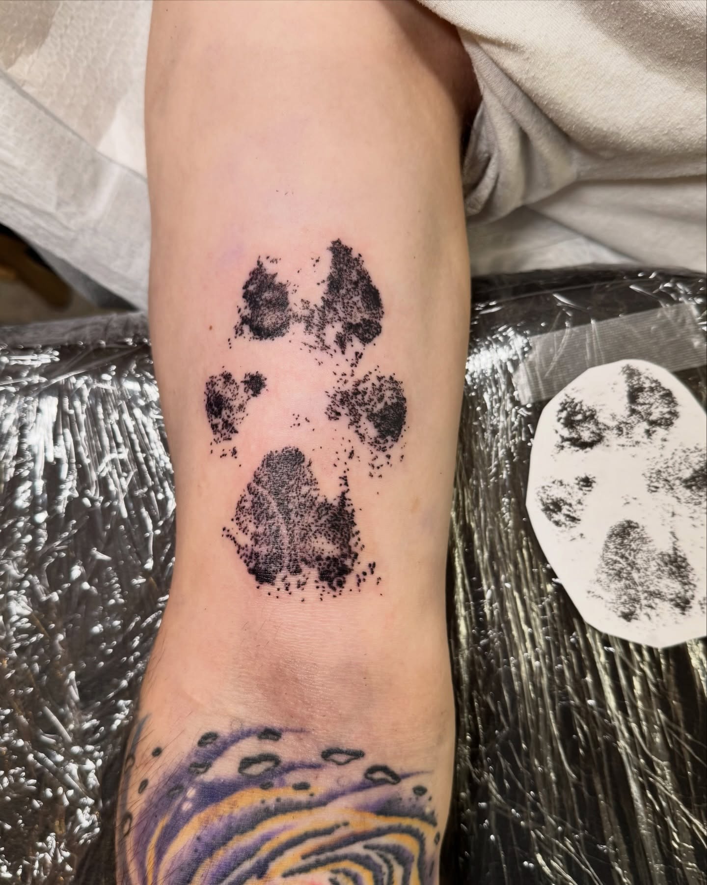 Paw print dotwork tattoo on the forearm by Eden Allen