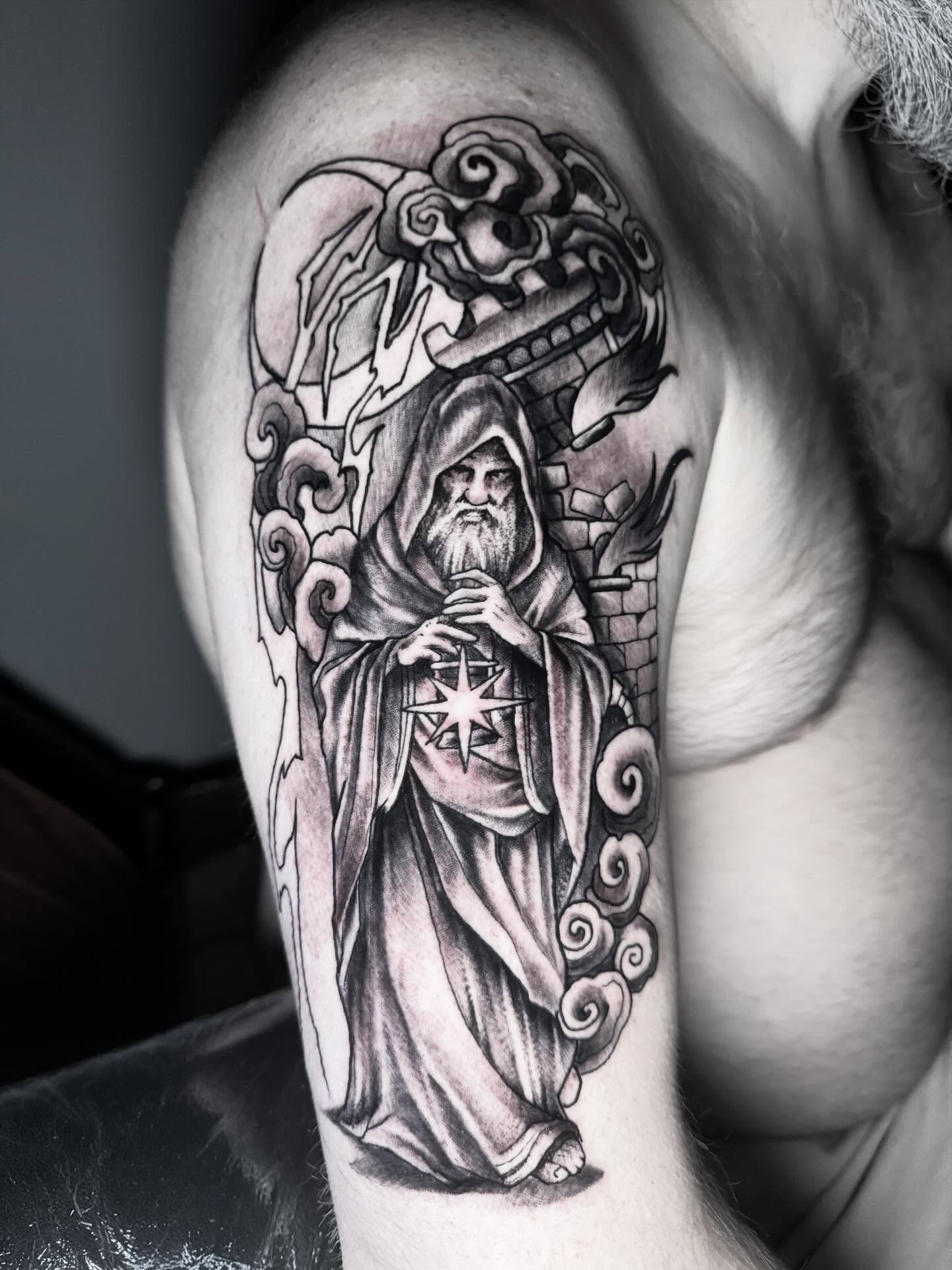 Wizard realism tattoo on the forearm by Mike Bean, Minneapolis, Minnesota